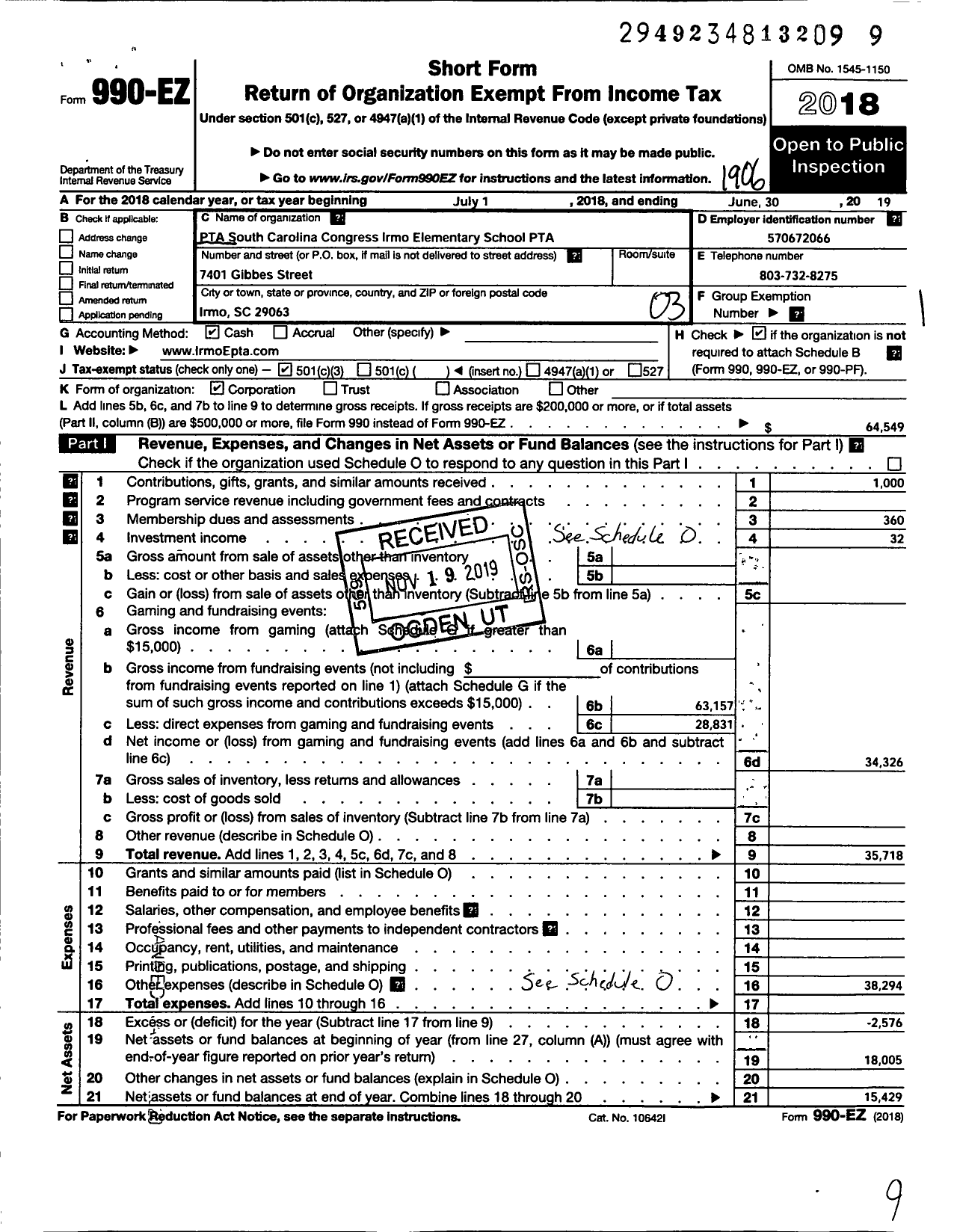 Image of first page of 2018 Form 990EZ for PTA South Carolina Congress / Irmo Elementary School PTA