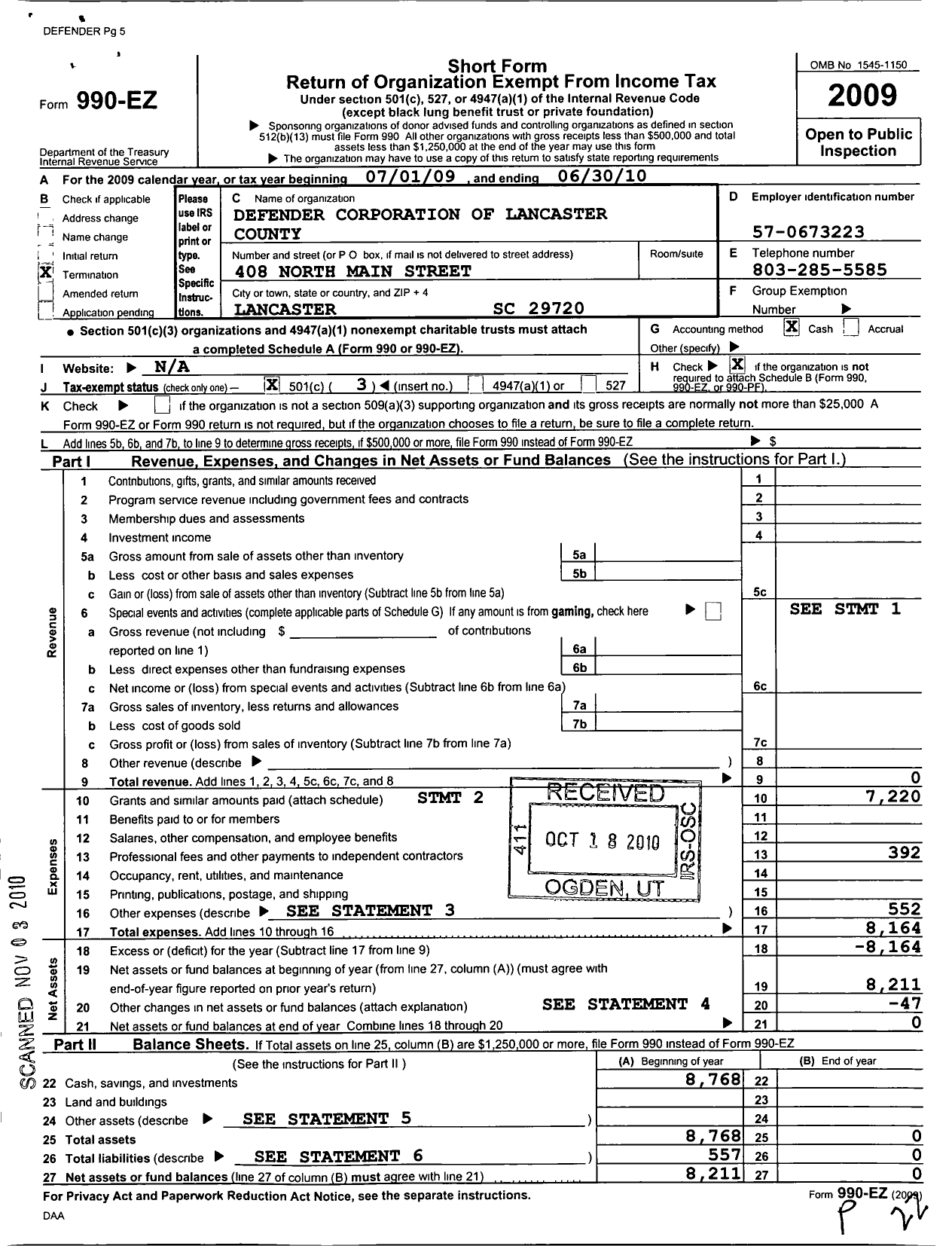 Image of first page of 2009 Form 990EZ for Defender Corporation of Lancaster Counties