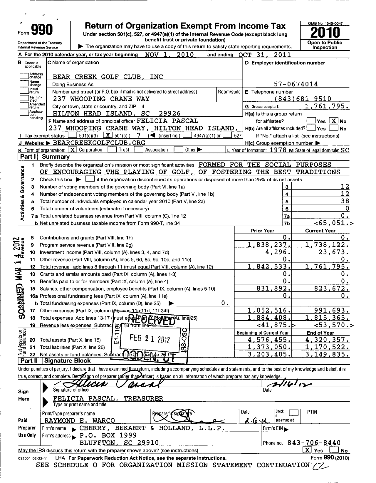Image of first page of 2010 Form 990O for Bear Creek Golf Club