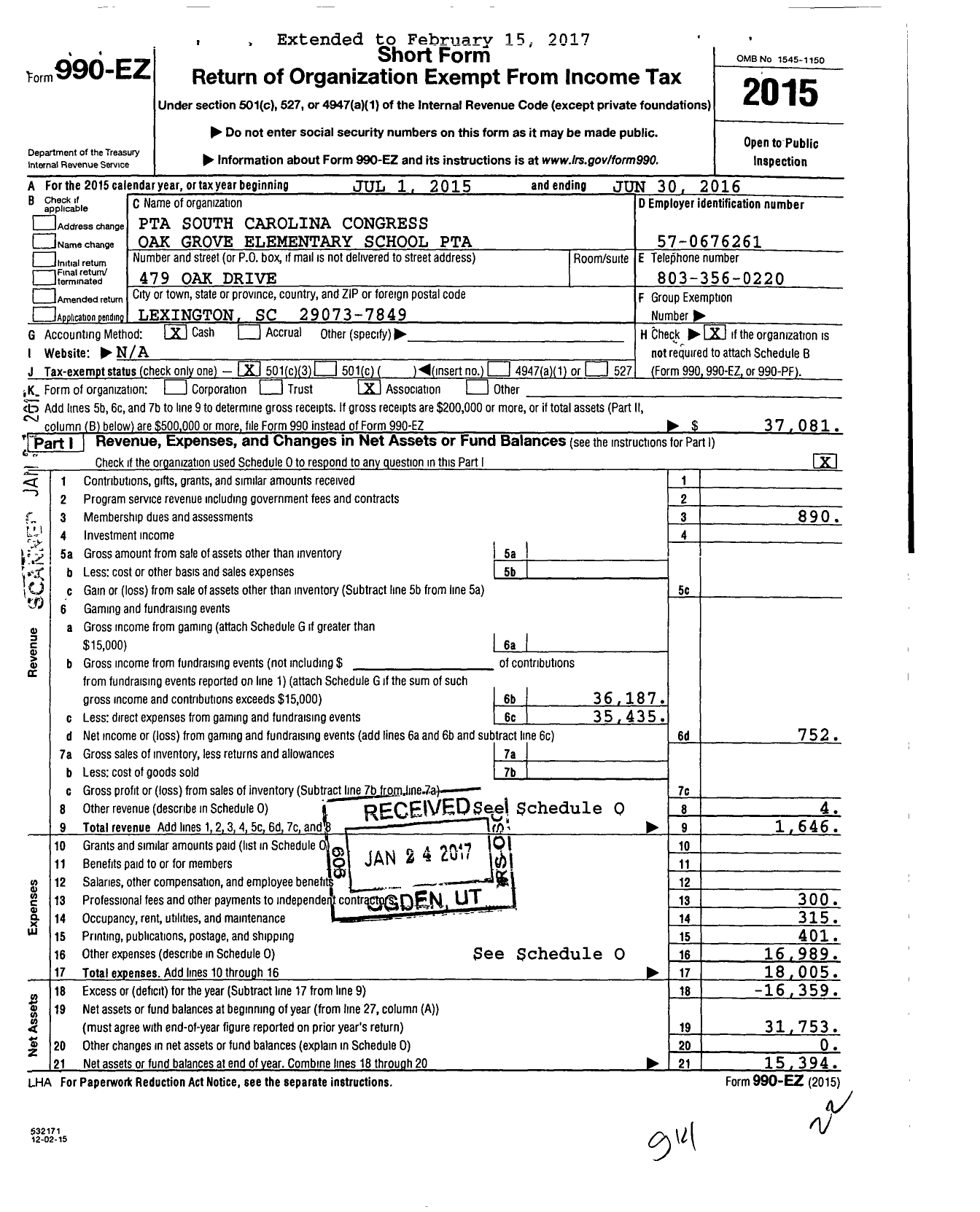 Image of first page of 2015 Form 990EZ for PTA South Carolina Congress - Oak Grove Elementary School PTA