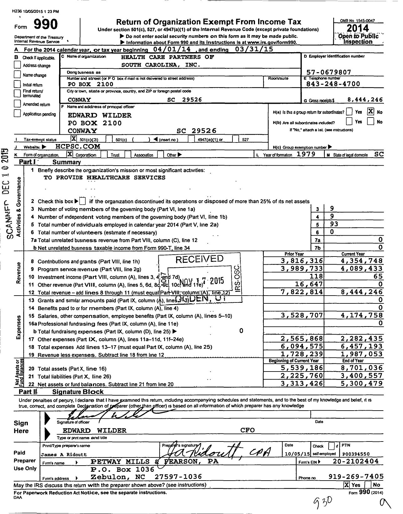 Image of first page of 2014 Form 990 for Health Care Partners of South Carolina (HCPSC)