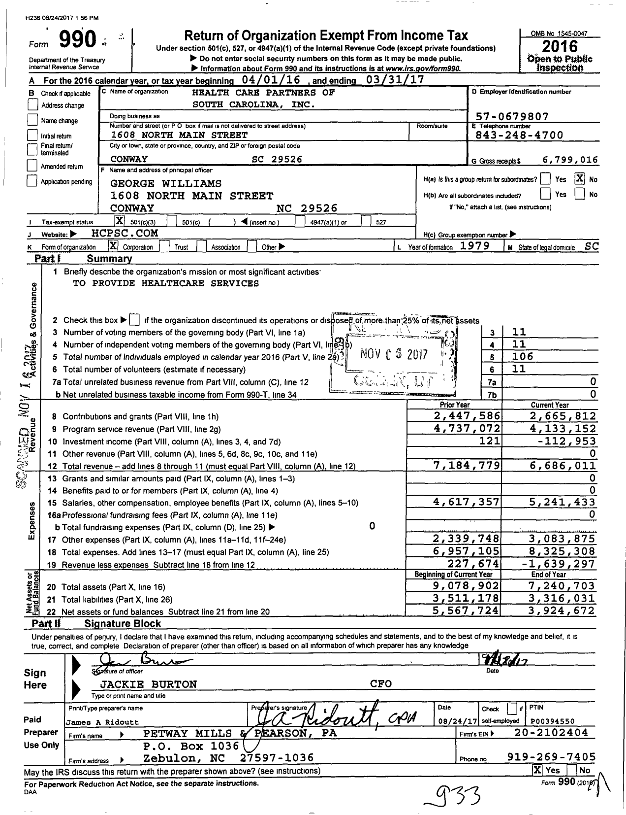 Image of first page of 2016 Form 990 for Health Care Partners of South Carolina (HCPSC)
