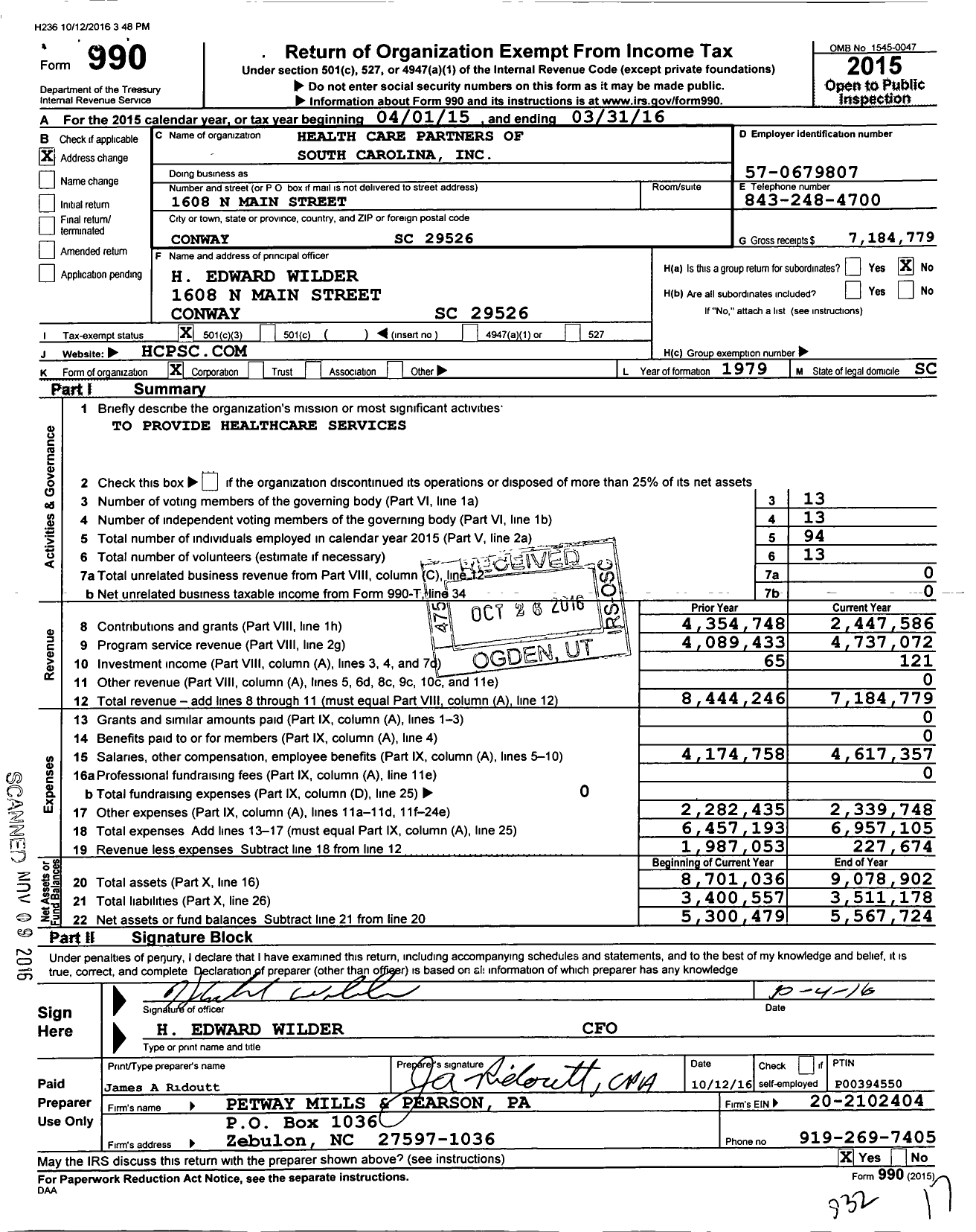 Image of first page of 2015 Form 990 for Health Care Partners of South Carolina (HCPSC)