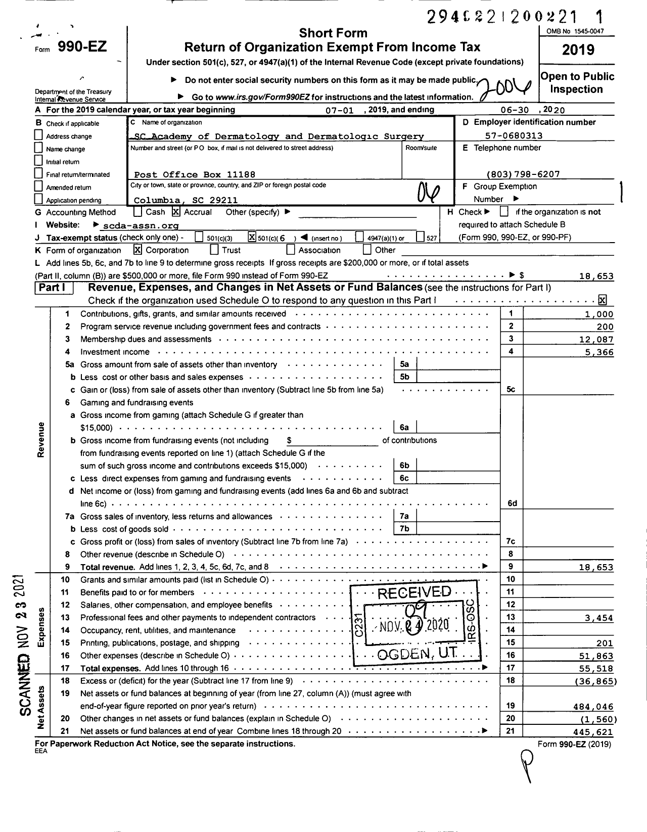 Image of first page of 2019 Form 990EO for SC Academy of Dermatology and Dermatologic Surgery