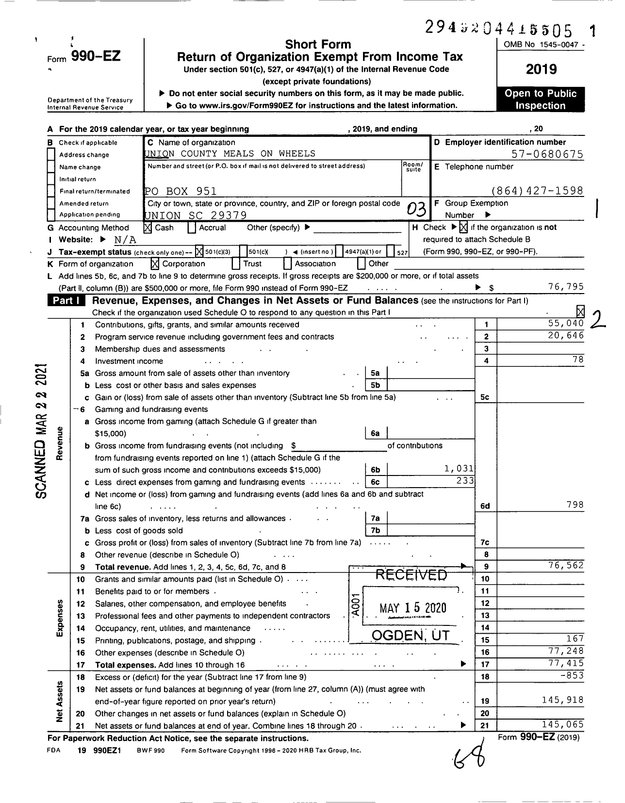 Image of first page of 2019 Form 990EZ for Union County Meals on Wheels