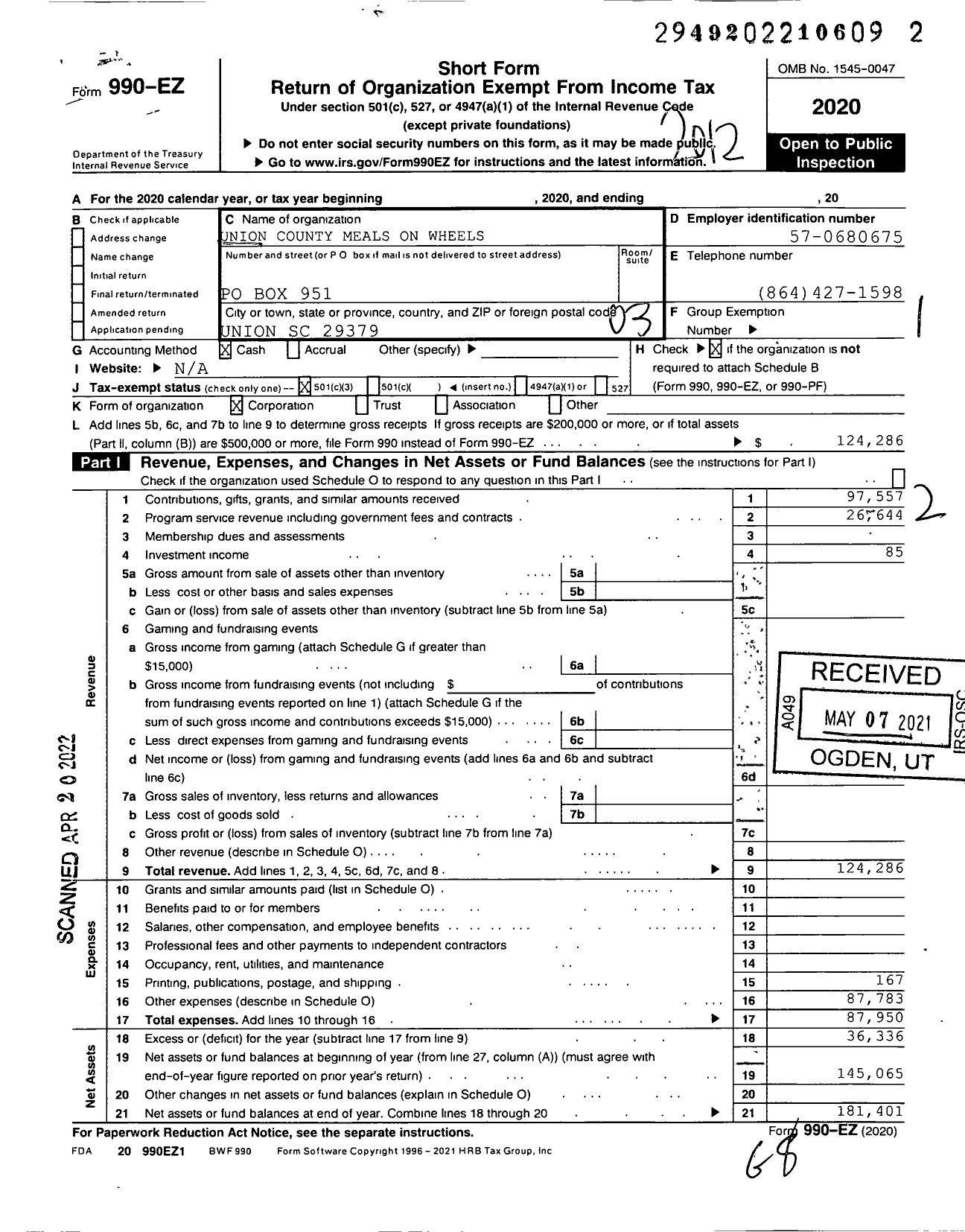 Image of first page of 2020 Form 990EZ for Union County Meals on Wheels