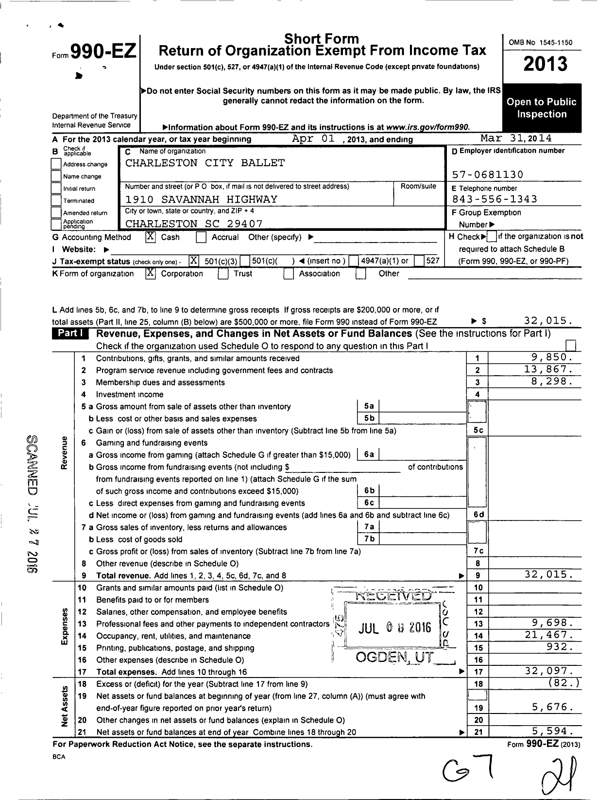 Image of first page of 2013 Form 990EZ for Charleston City Ballet