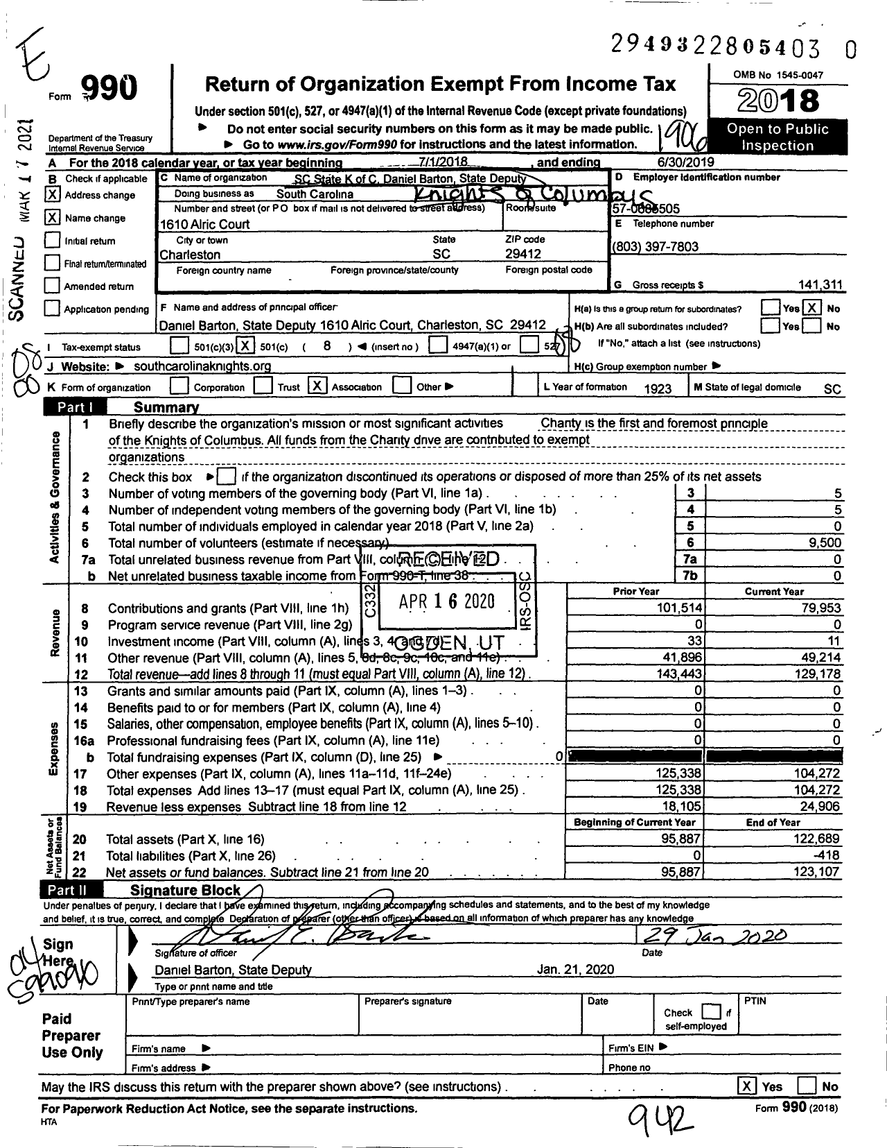 Image of first page of 2018 Form 990O for Knights of Columbus - SC State Council