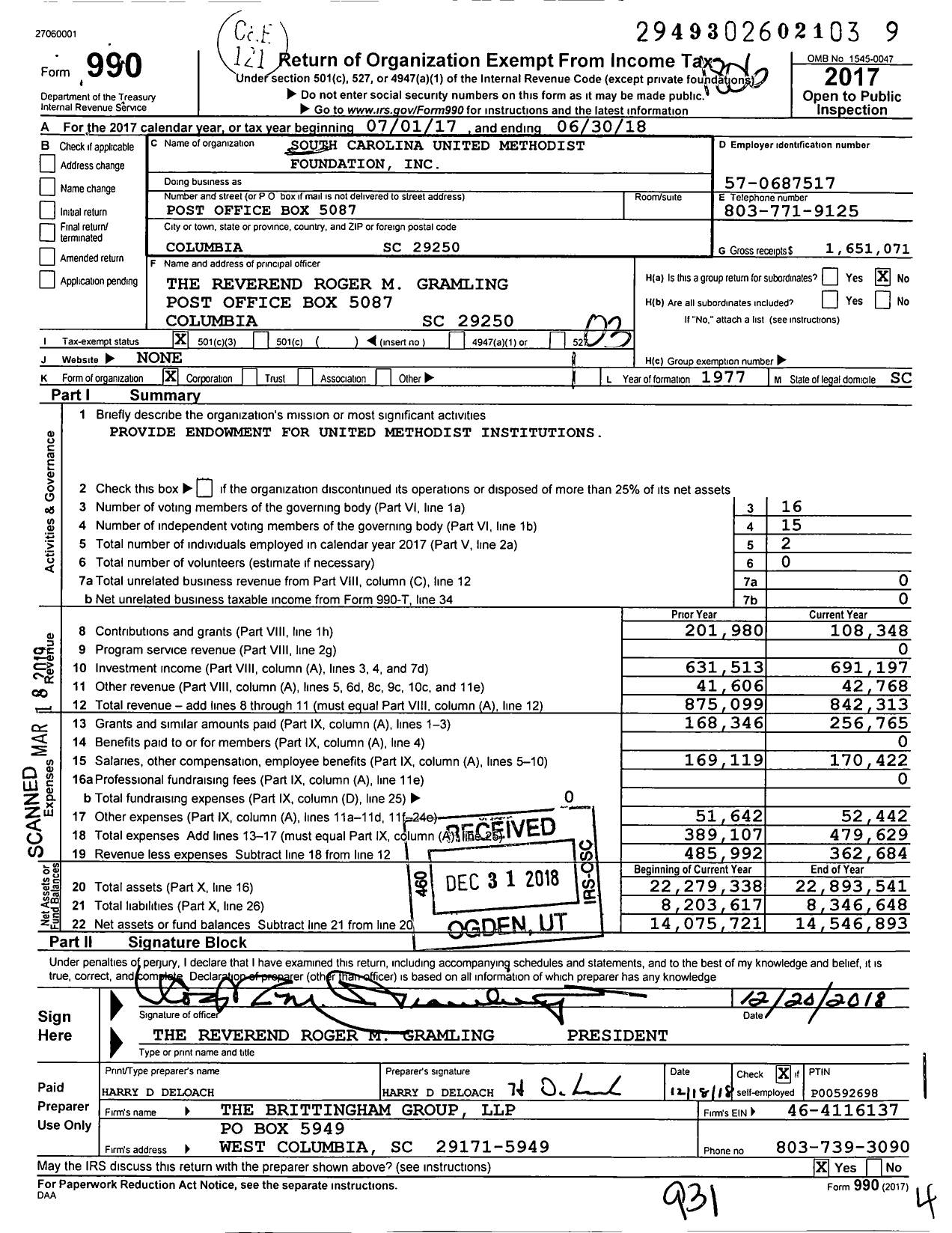 Image of first page of 2017 Form 990 for South Carolina United Methodist Foundation