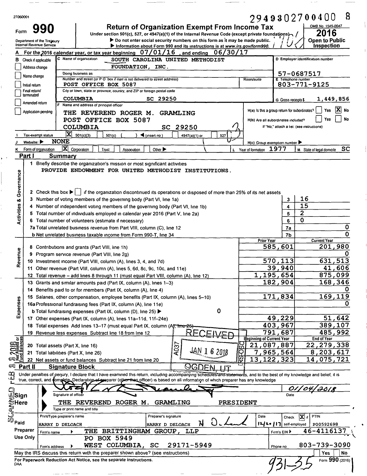 Image of first page of 2016 Form 990 for South Carolina United Methodist Foundation