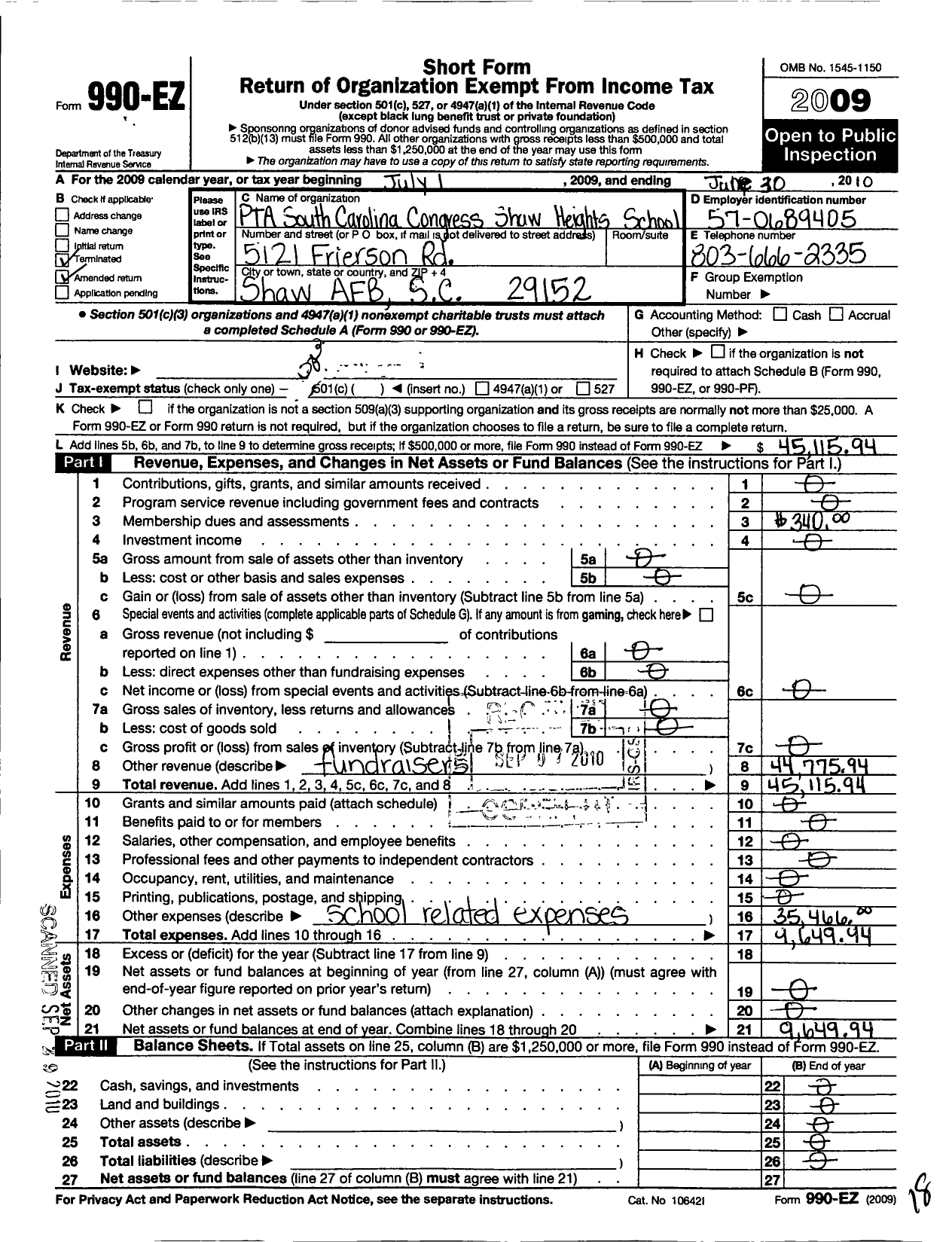 Image of first page of 2009 Form 990EO for South Carolina Congress of Parents and Teachers / Shaw Heights Elementary PTA