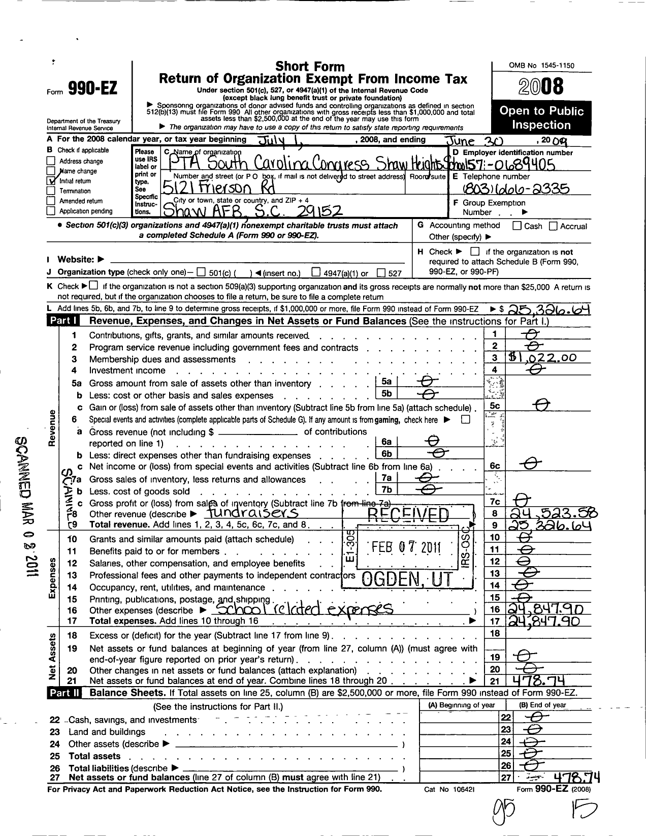 Image of first page of 2008 Form 990EO for South Carolina Congress of Parents and Teachers / Shaw Heights Elementary PTA