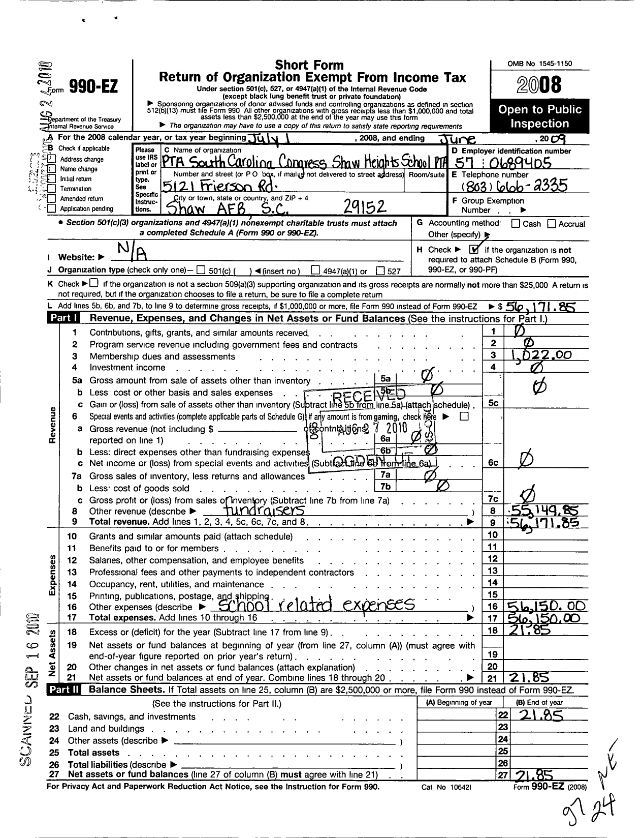 Image of first page of 2008 Form 990EO for South Carolina Congress of Parents and Teachers / Shaw Heights Elementary PTA