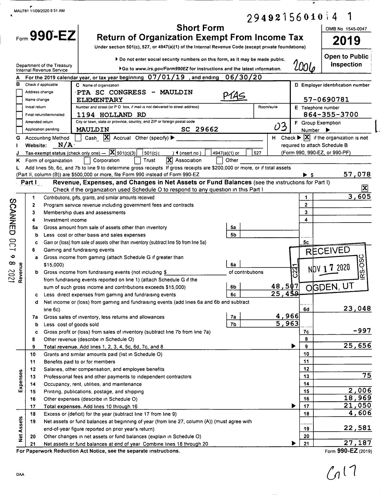 Image of first page of 2019 Form 990EZ for PTA SC Congress - Mauldin Elementary
