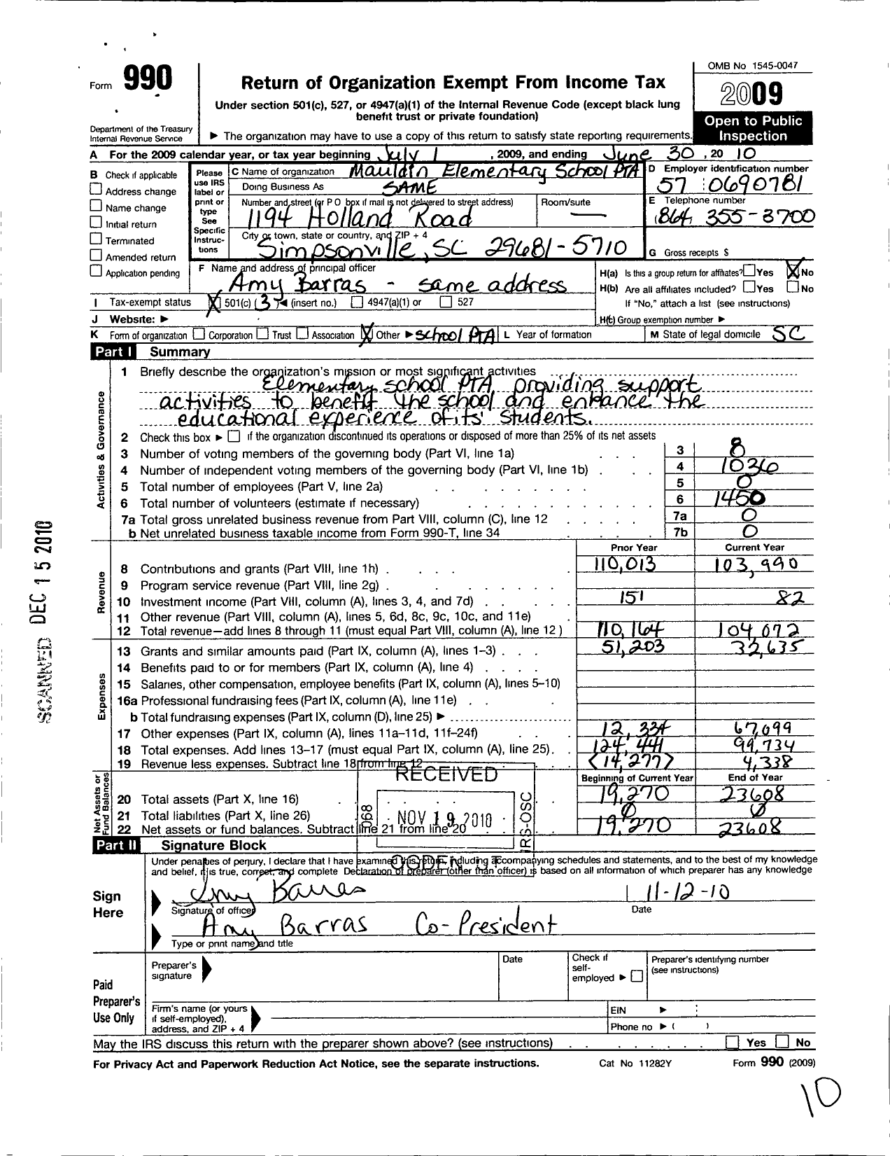 Image of first page of 2009 Form 990 for PTA SC Congress - Mauldin Elementary