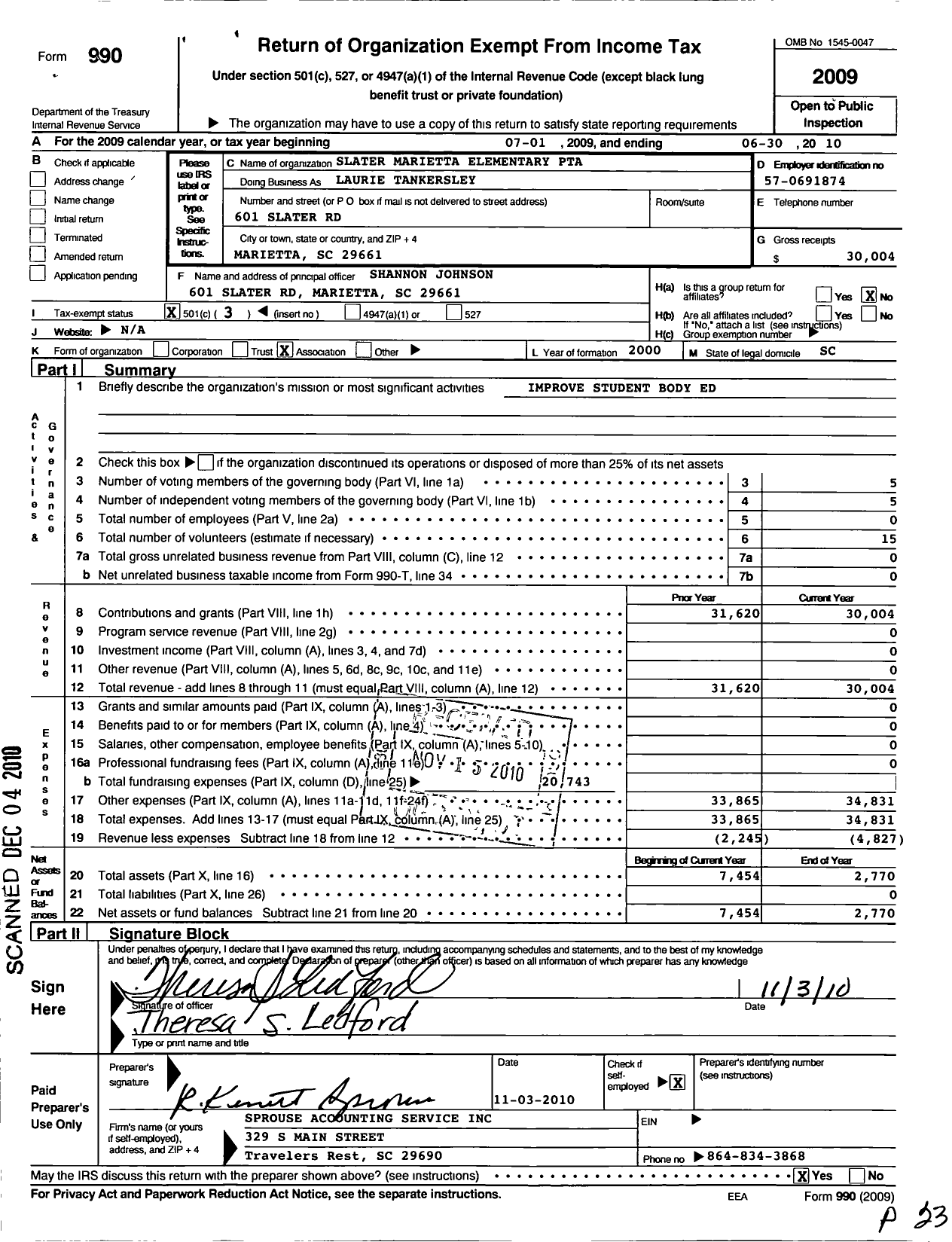 Image of first page of 2009 Form 990 for South Carolina Congress of Parents and Teachers / Slater-Marietta Elementary PTA