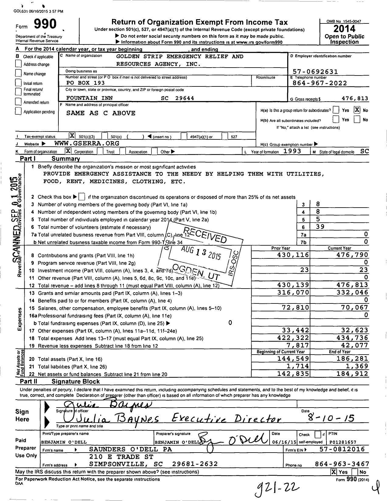 Image of first page of 2014 Form 990 for Golden Strip Emergency Relief and Resources Agency