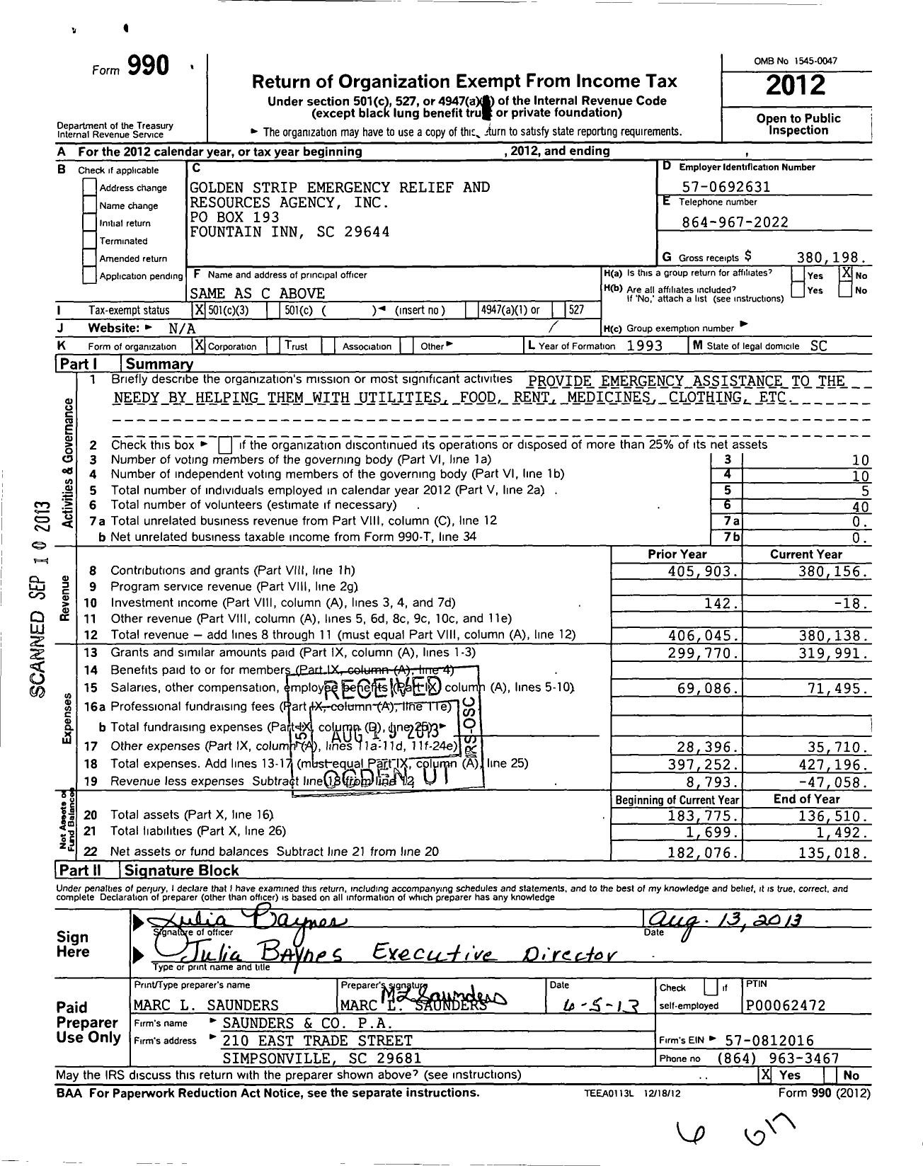 Image of first page of 2012 Form 990 for Golden Strip Emergency Relief and Resources Agency