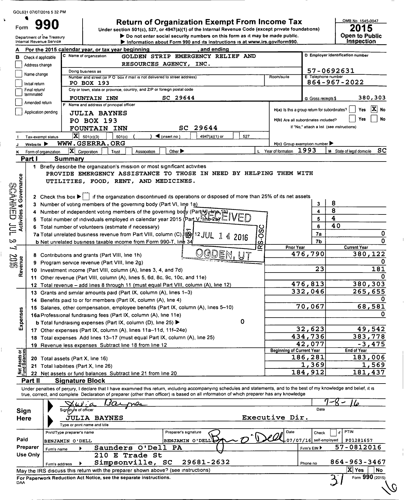 Image of first page of 2015 Form 990 for Golden Strip Emergency Relief and Resources Agency