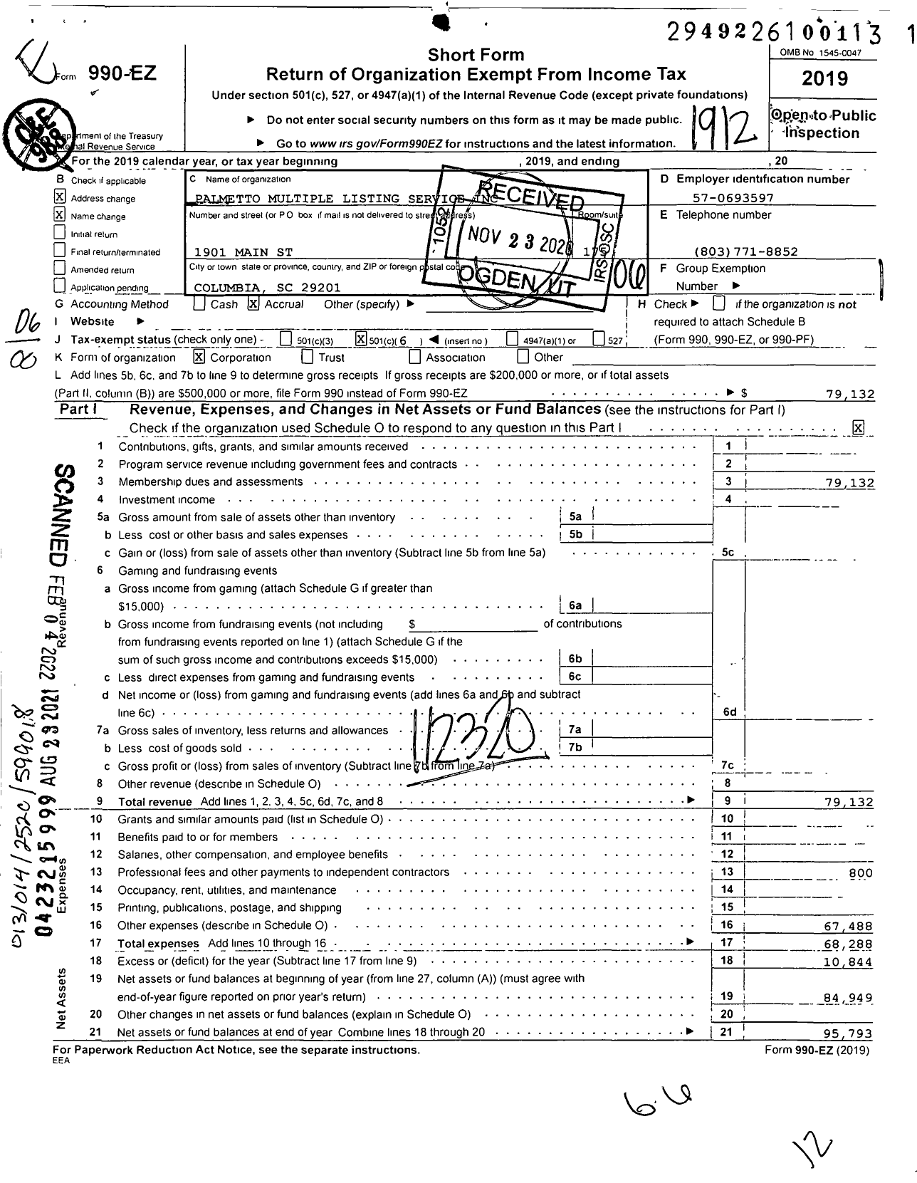 Image of first page of 2019 Form 990EO for Palmetto Multiple Listing Services