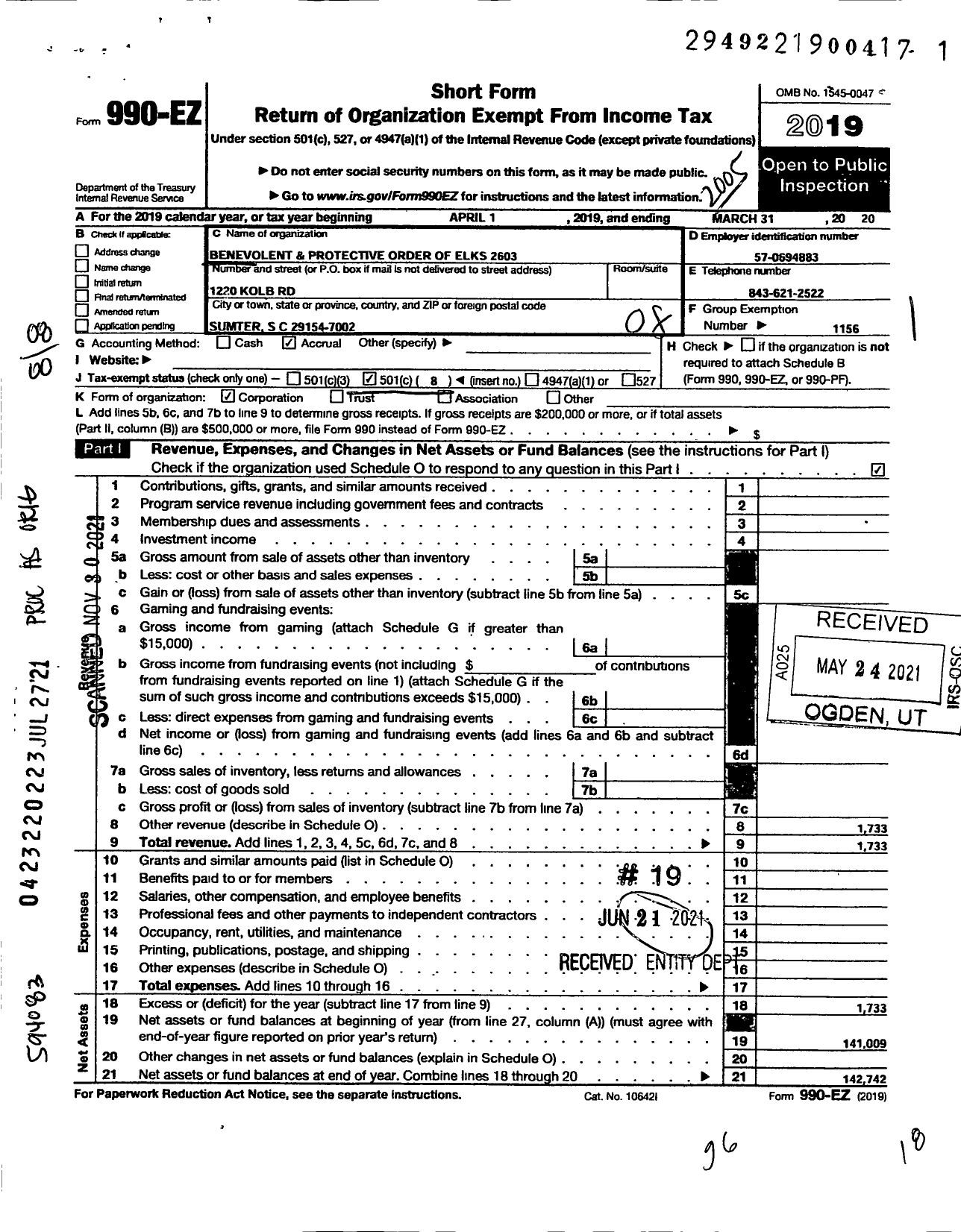 Image of first page of 2019 Form 990EO for Benevolent and Protective Order of Elks - 2603 Camden-Lugoff