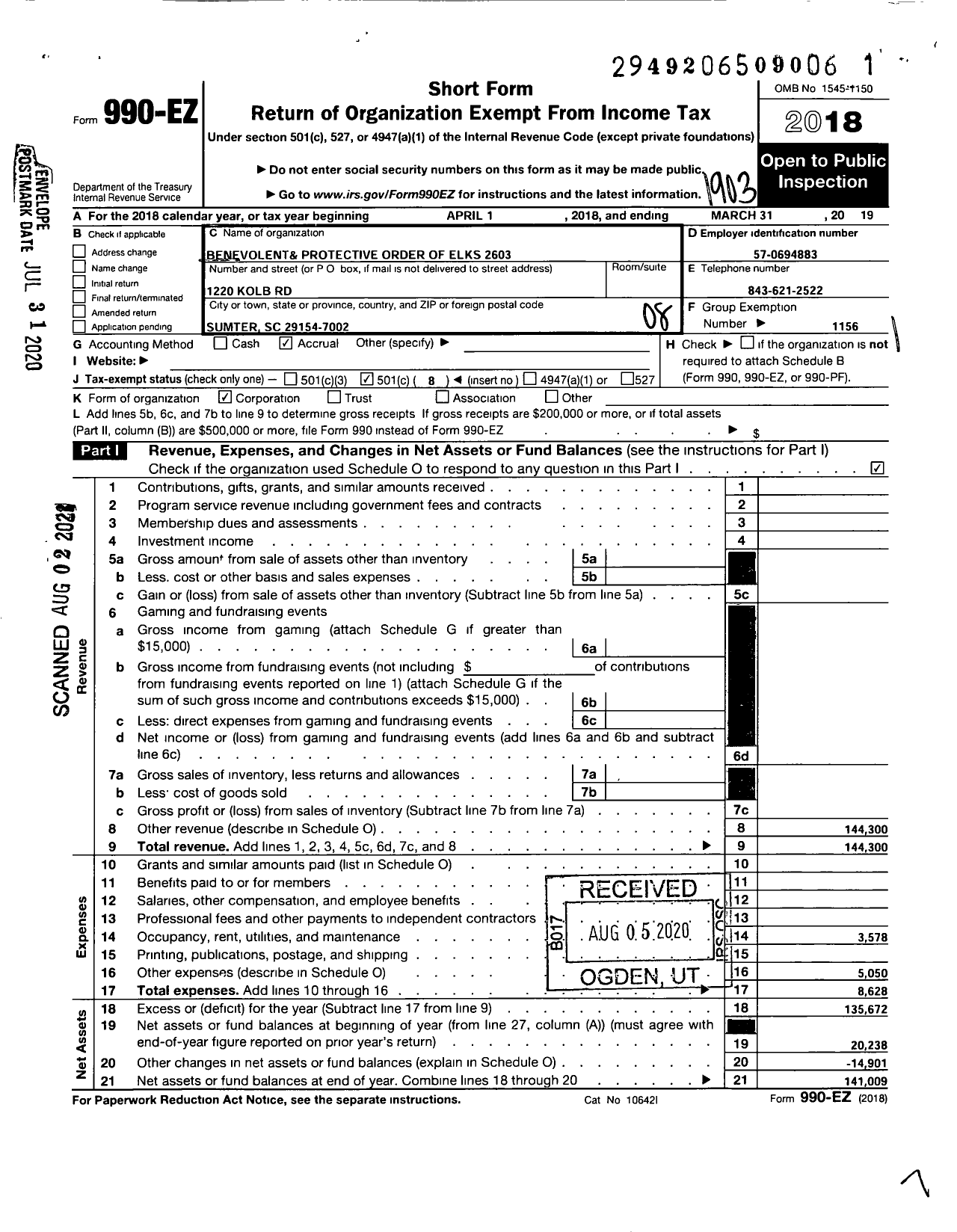 Image of first page of 2018 Form 990EO for Benevolent and Protective Order of Elks - 2603 Camden-Lugoff