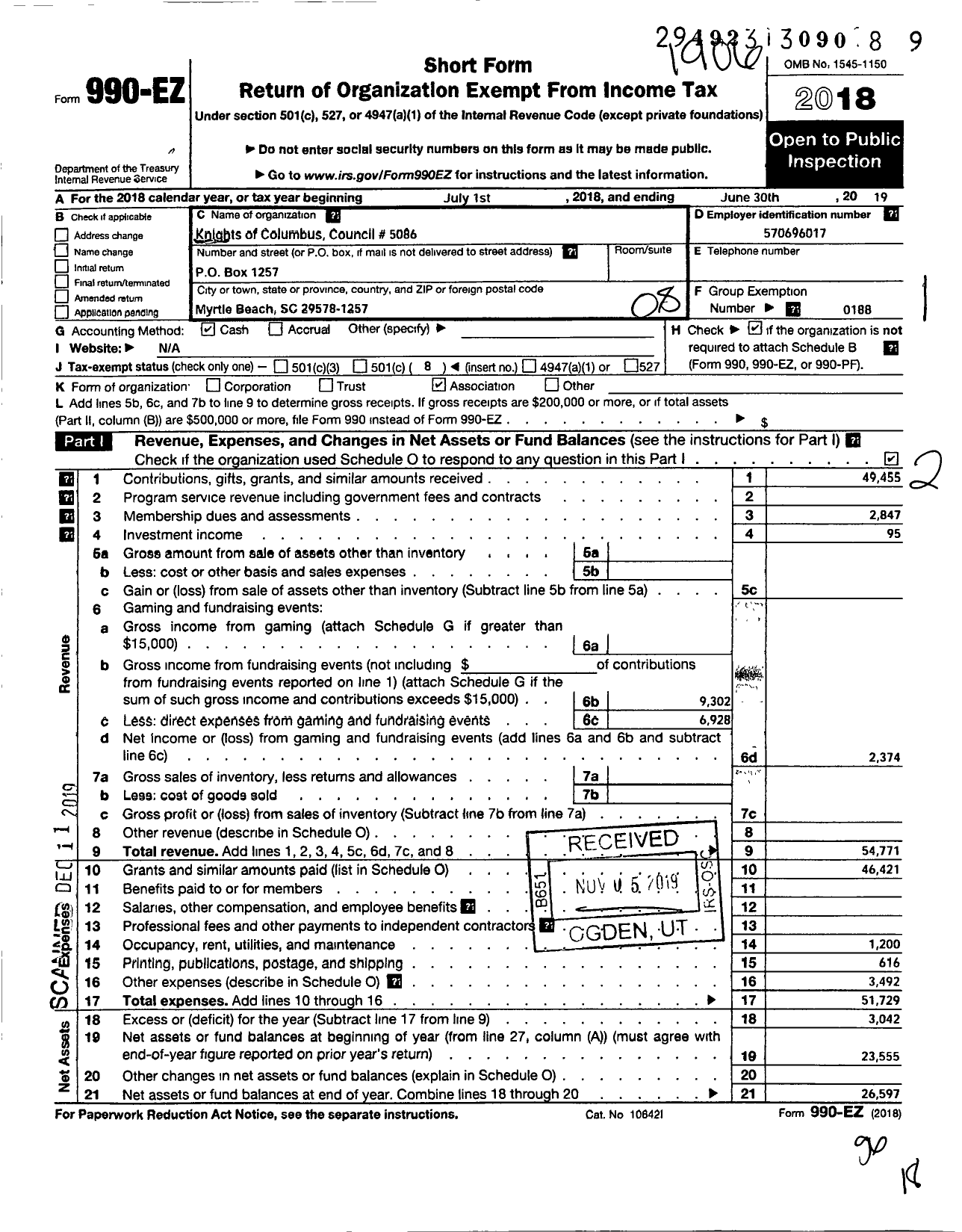 Image of first page of 2018 Form 990EO for Knights of Columbus - 5086 FR Anthony Montesinos Council