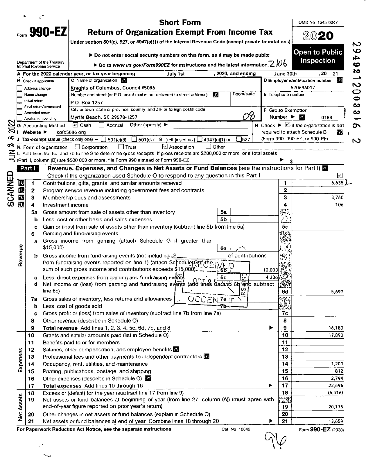 Image of first page of 2020 Form 990EO for Knights of Columbus - 5086 FR Anthony Montesinos Council