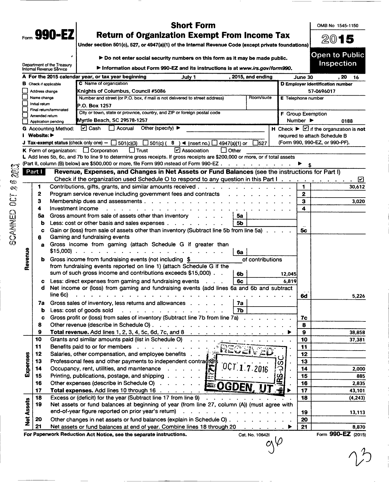 Image of first page of 2015 Form 990EO for Knights of Columbus - 5086 FR Anthony Montesinos Council