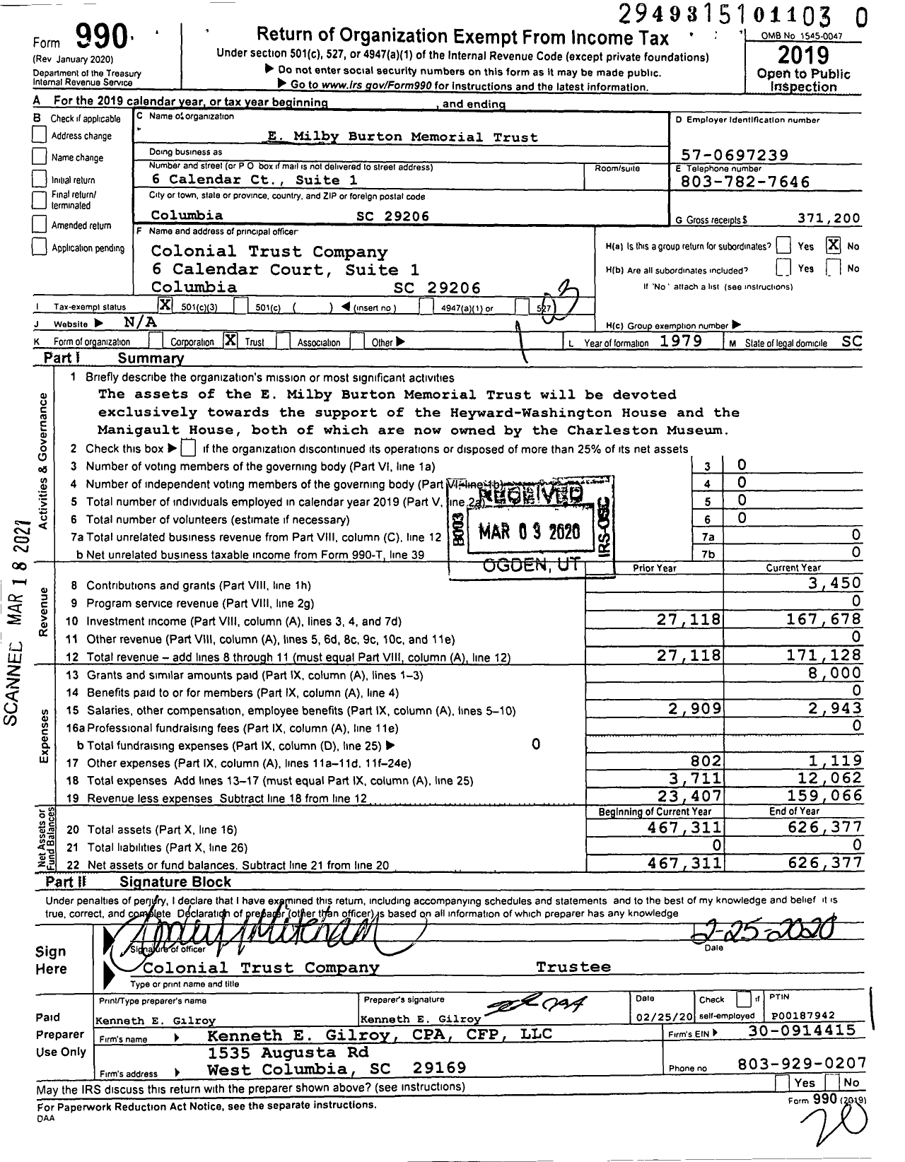 Image of first page of 2019 Form 990 for E Milby Burton Memorial Trust