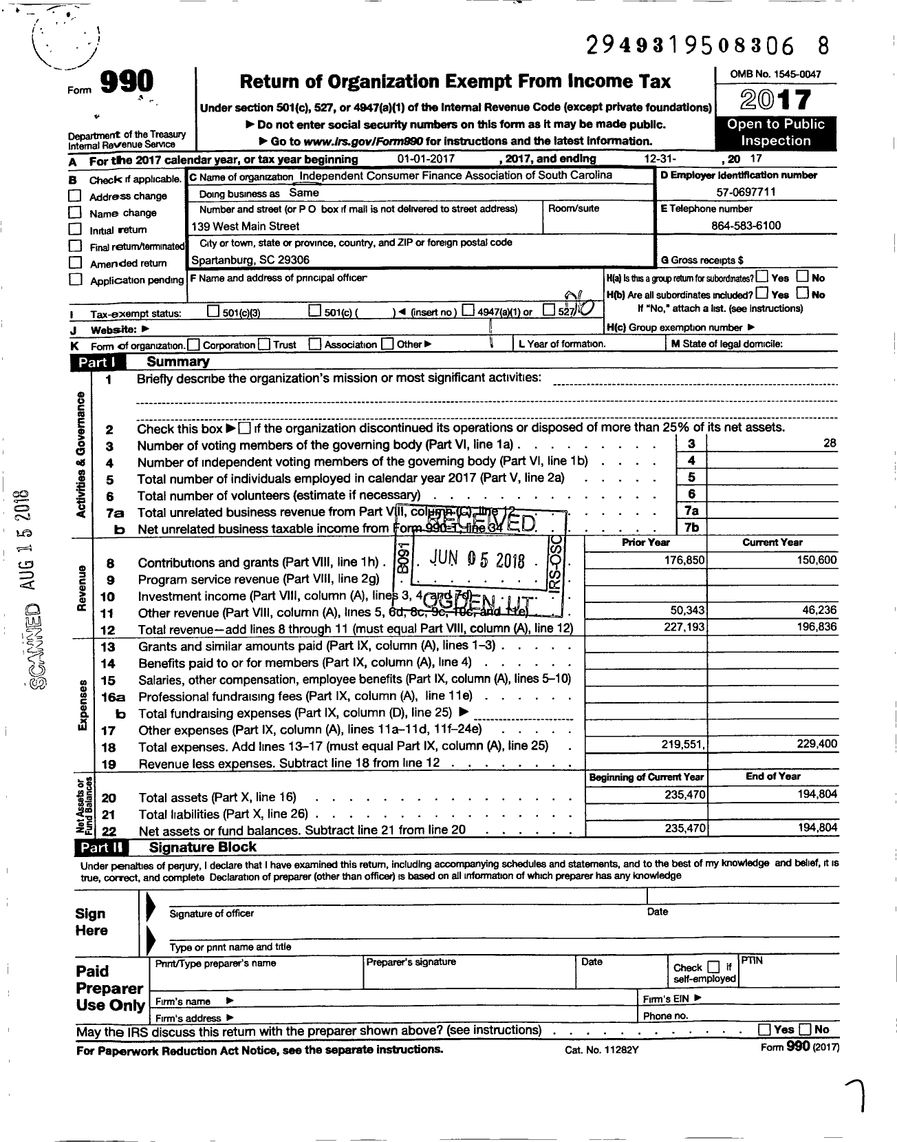 Image of first page of 2017 Form 990O for Independent Consumer Finance Association of South Carolina