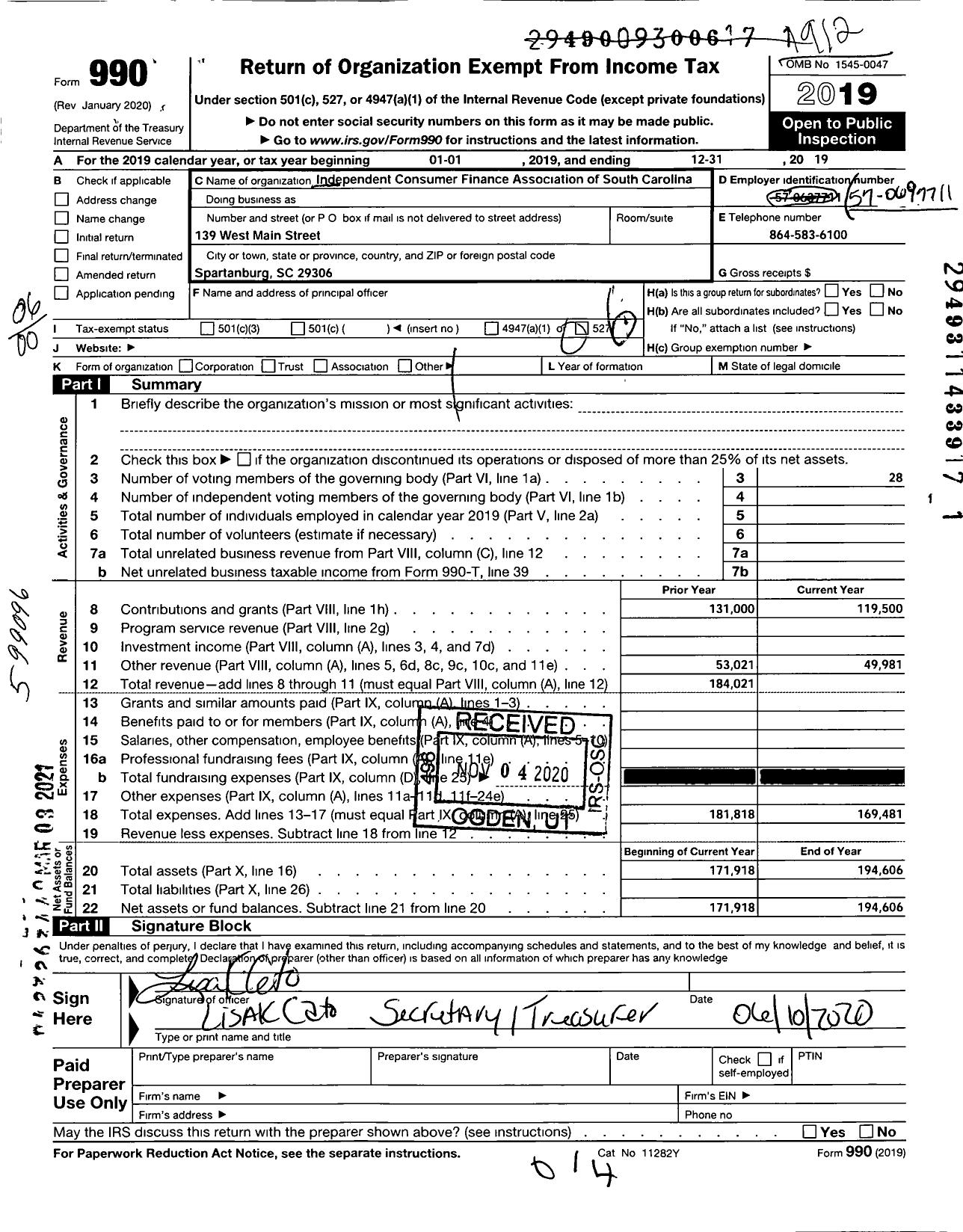 Image of first page of 2019 Form 990O for Independent Consumer Finance Association of South Carolina