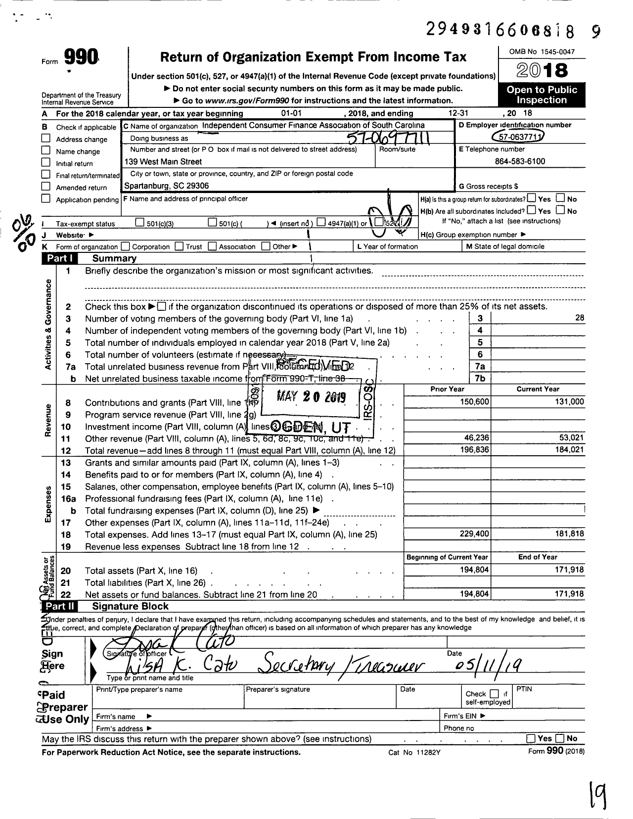 Image of first page of 2018 Form 990O for Independent Consumer Finance Association of South Carolina