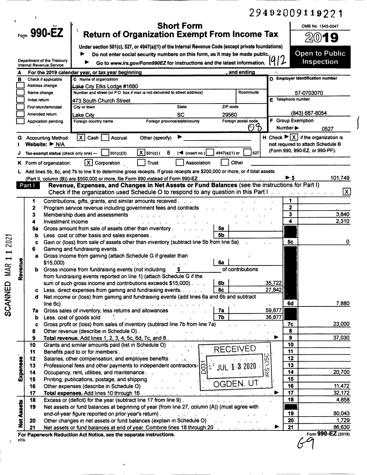 Image of first page of 2019 Form 990EO for Improved Benevolent and Protective Order of Elks of the World - Lake City Lodge 1680