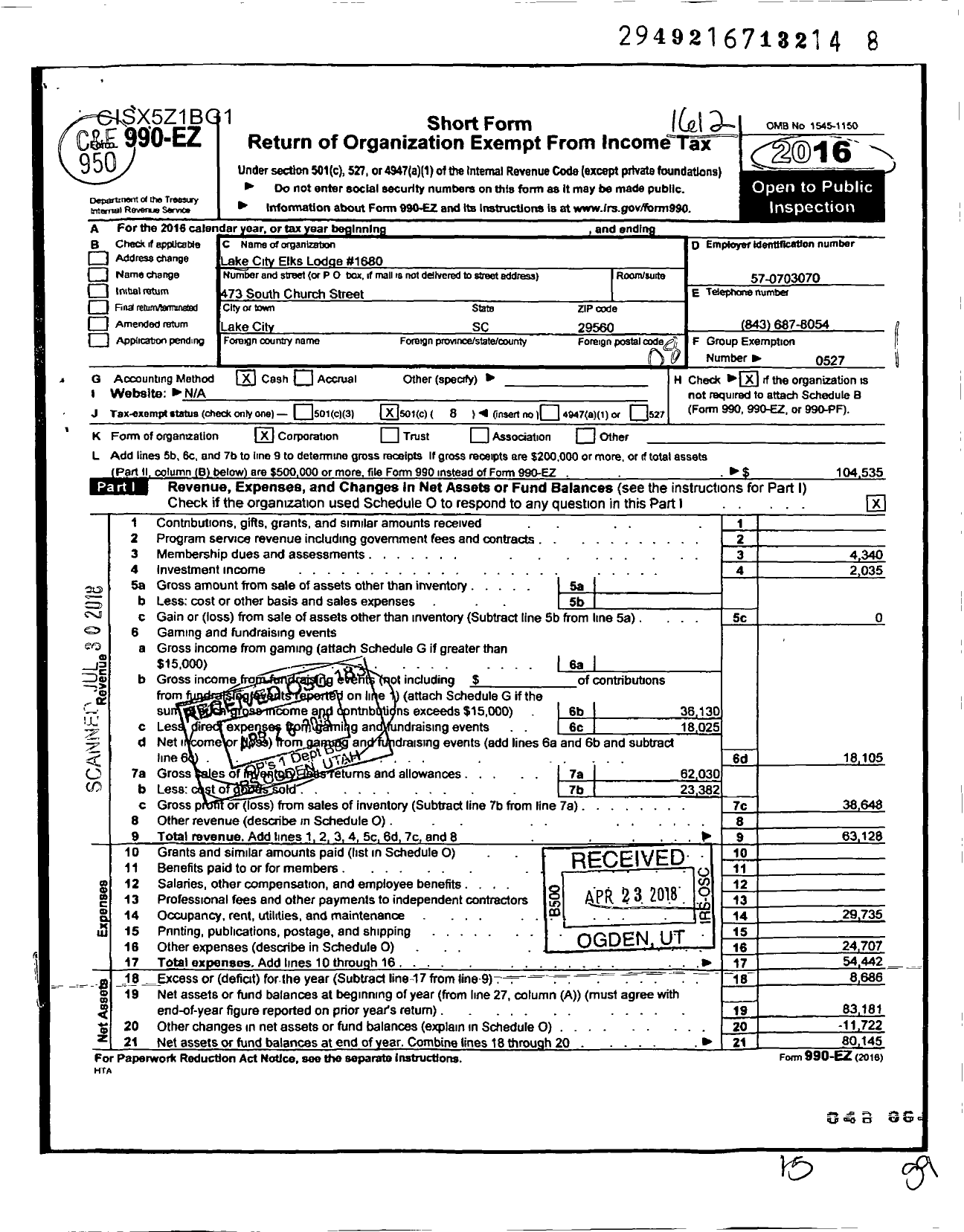 Image of first page of 2016 Form 990EO for Improved Benevolent and Protective Order of Elks of the World - Lake City Lodge 1680