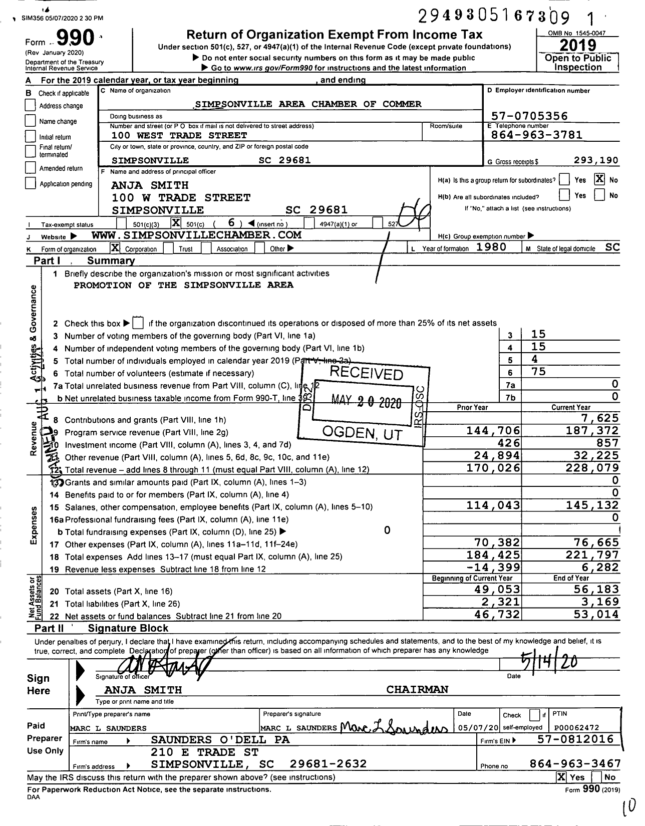 Image of first page of 2019 Form 990O for Simpsonville Area Chamber of Commerce