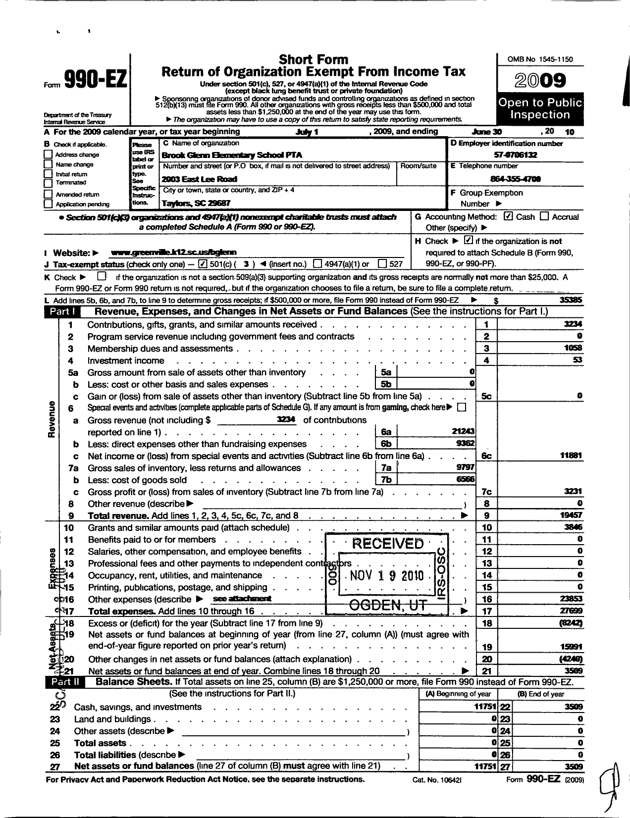 Image of first page of 2009 Form 990EZ for PTA South Carolina Congress / Brook Glenn Elementary School PTA