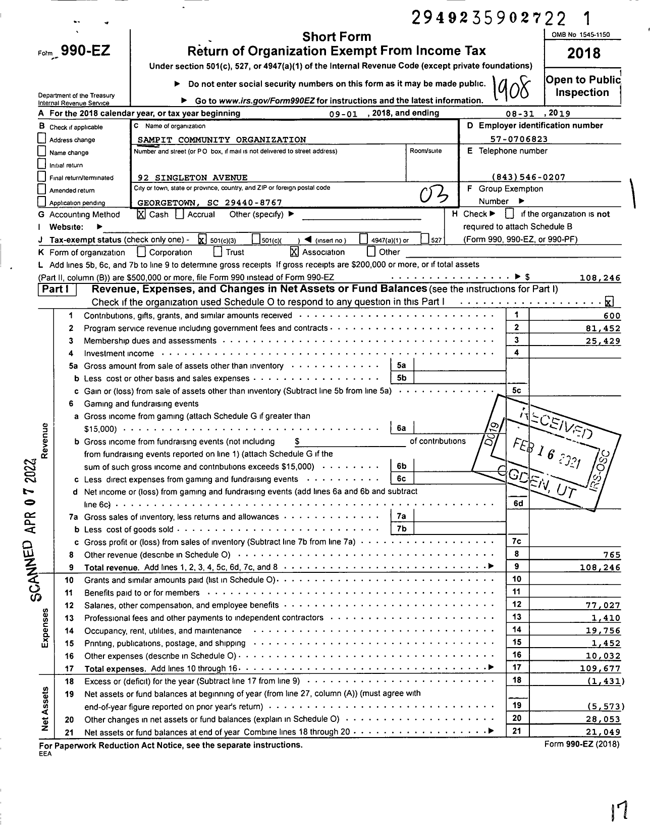 Image of first page of 2018 Form 990EZ for Sampit Community Organization