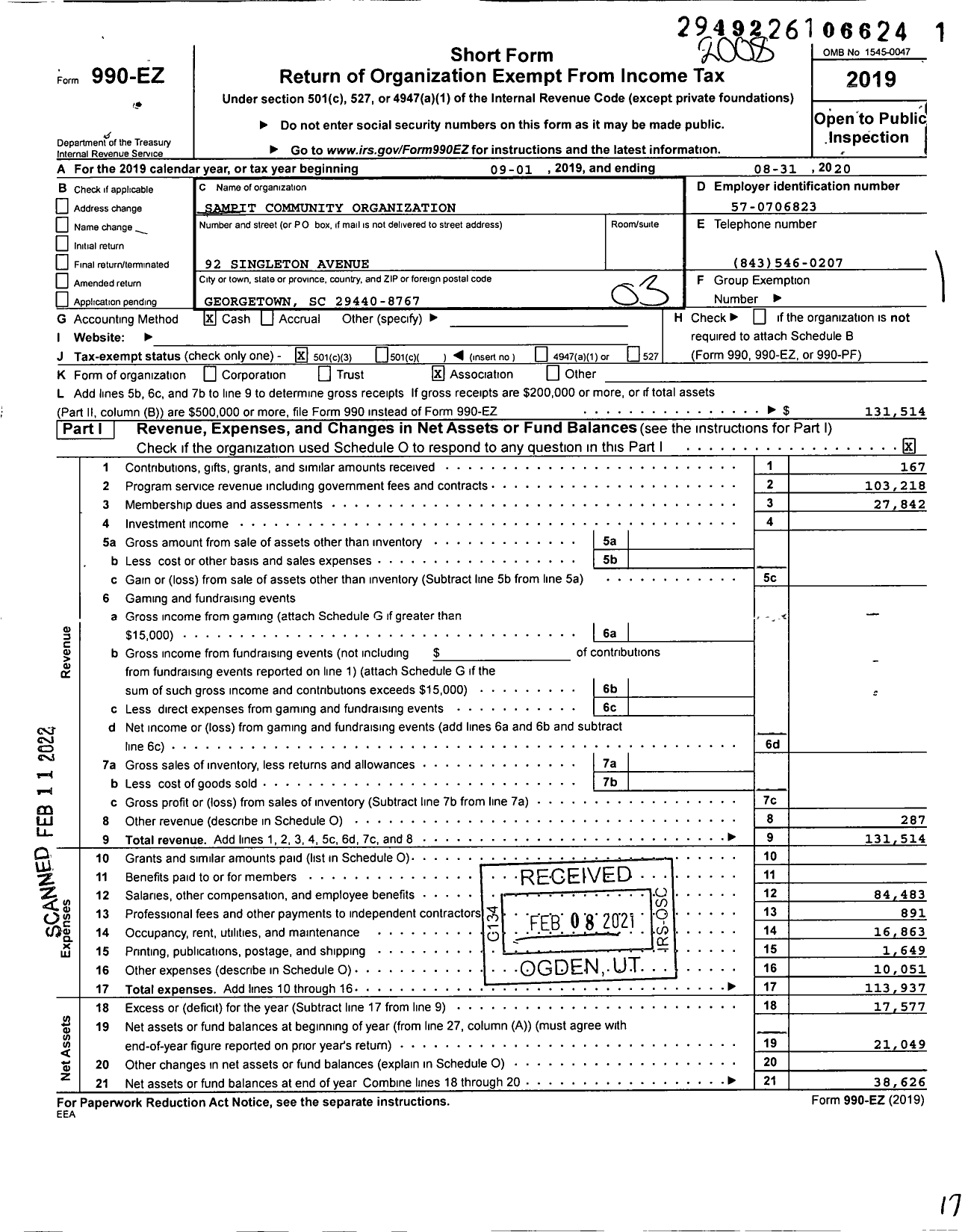 Image of first page of 2019 Form 990EZ for Sampit Community Organization