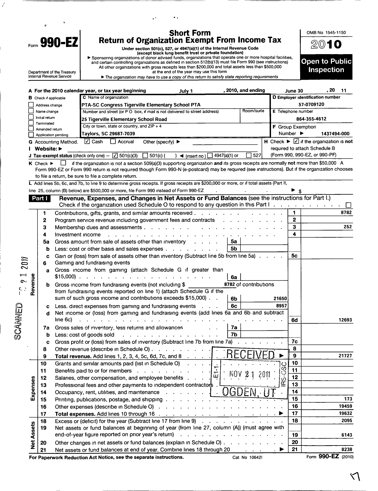 Image of first page of 2010 Form 990EZ for PTA South Carolina Congress / Tigerville Elementary School PTA