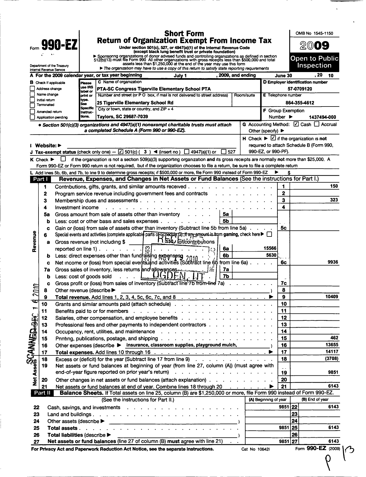 Image of first page of 2009 Form 990EZ for PTA South Carolina Congress / Tigerville Elementary School PTA