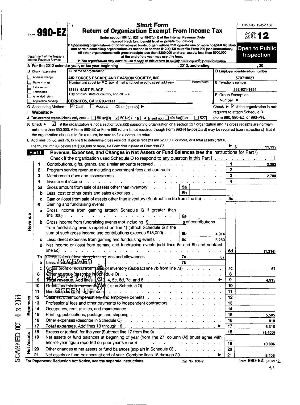 Image of first page of 2012 Form 990EO for Air Forces Escape and Evasion Society