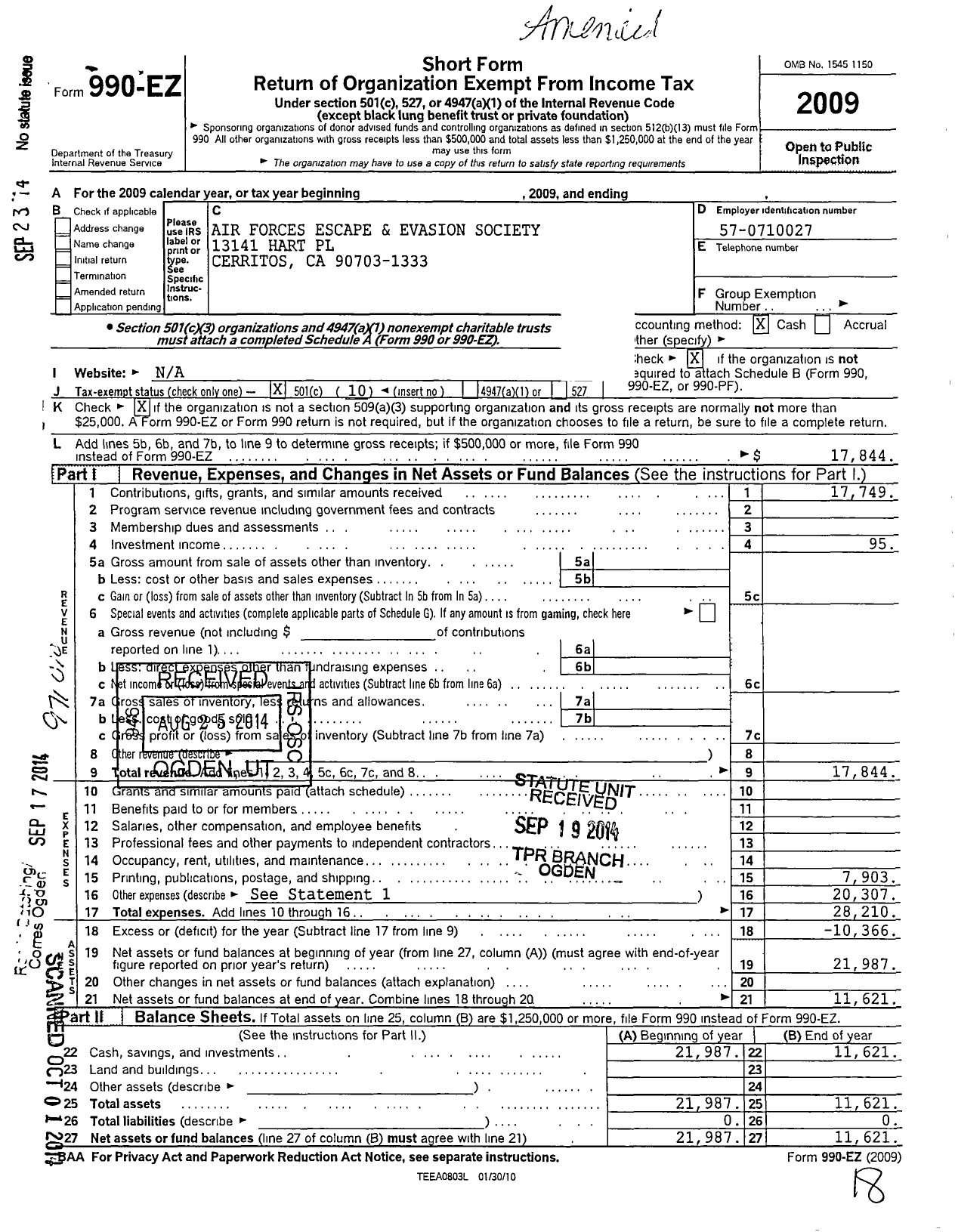 Image of first page of 2009 Form 990EO for Air Forces Escape and Evasion Society