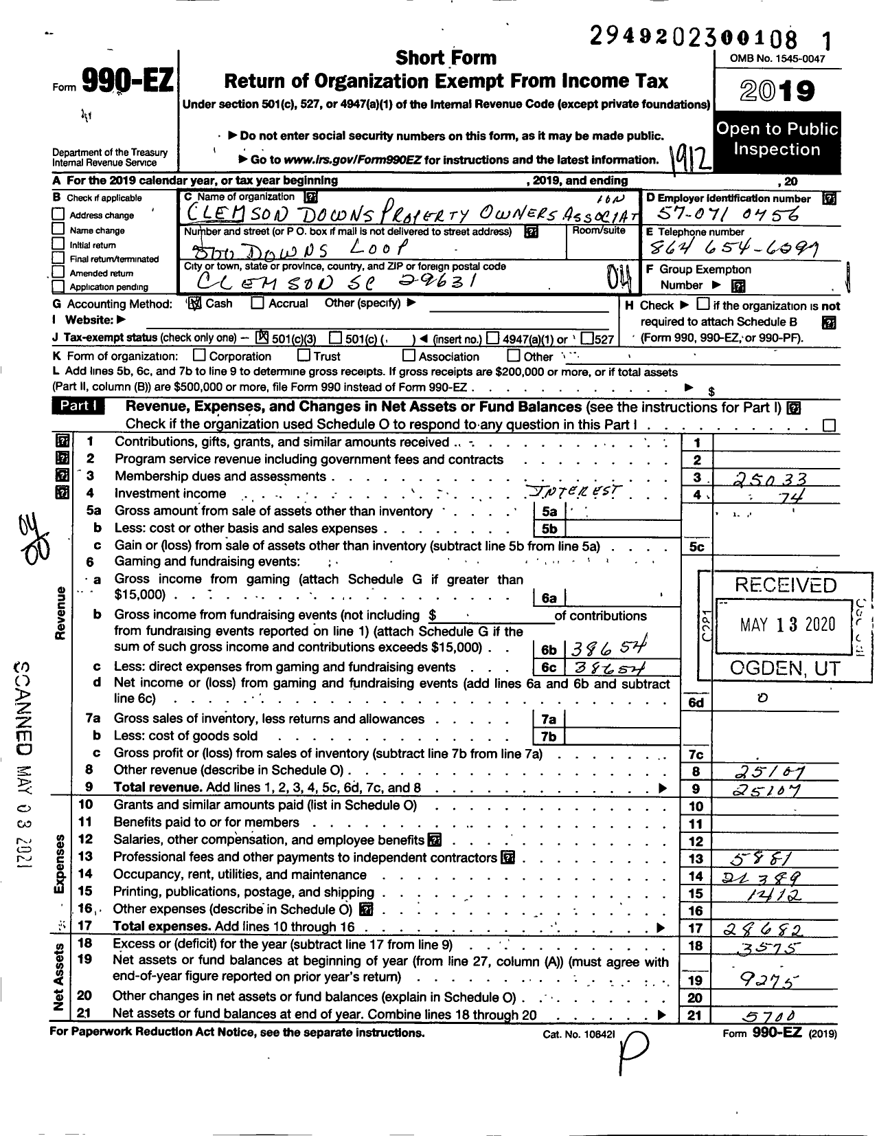 Image of first page of 2019 Form 990EO for Clemson Downs Property Owners Associaton