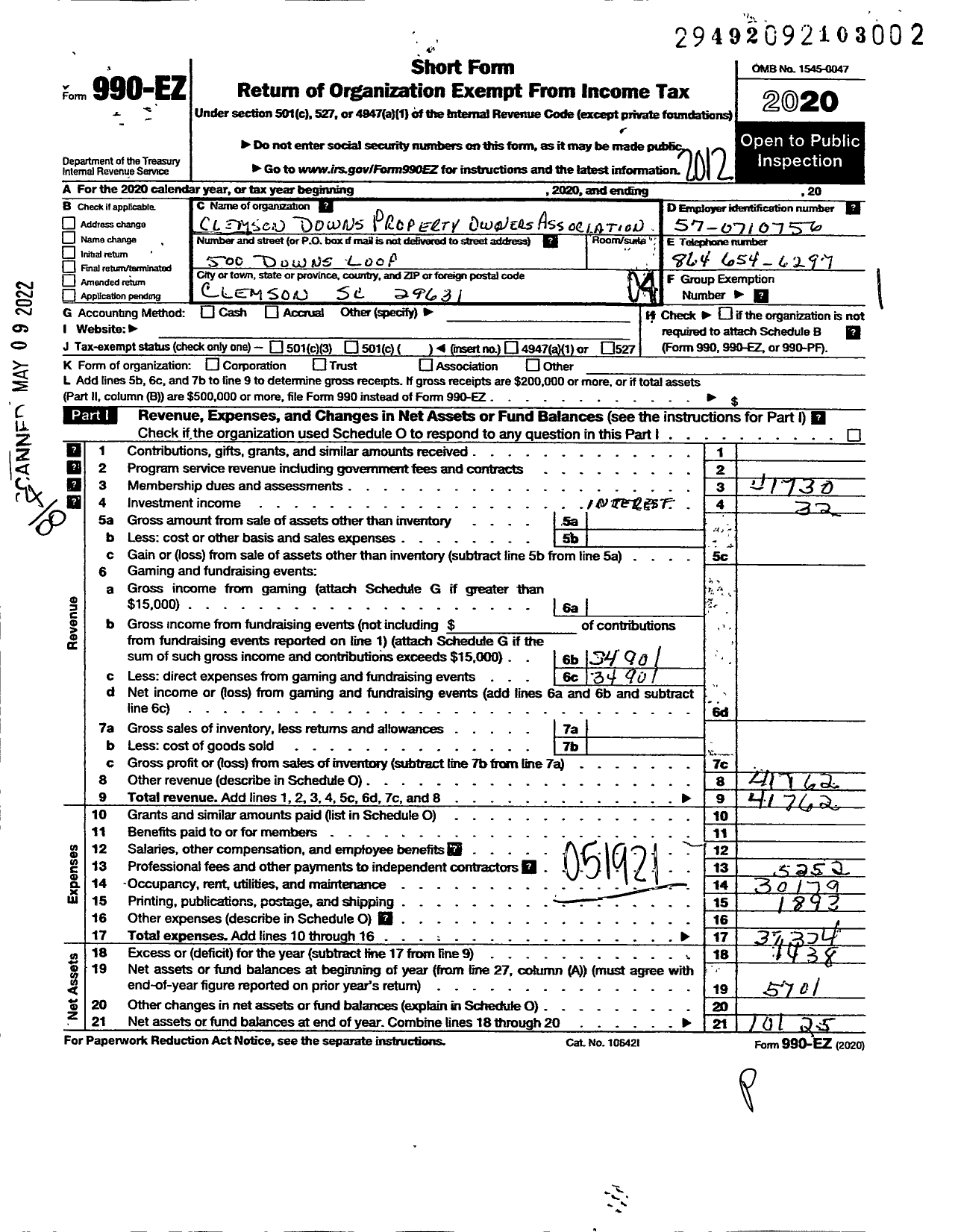 Image of first page of 2020 Form 990EO for Clemson Downs Property Owners Associaton