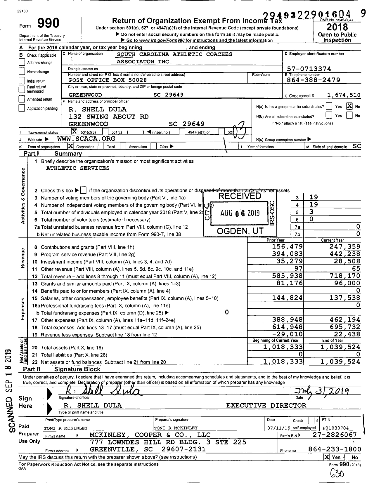 Image of first page of 2018 Form 990 for South Carolina Athletic Coaches Association