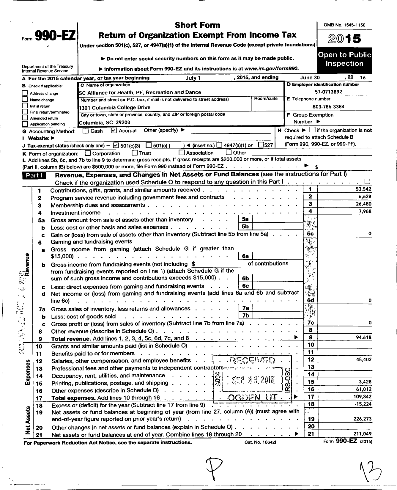 Image of first page of 2015 Form 990EZ for South Carolina Alliance for Health Physical Education Recreation and Dance