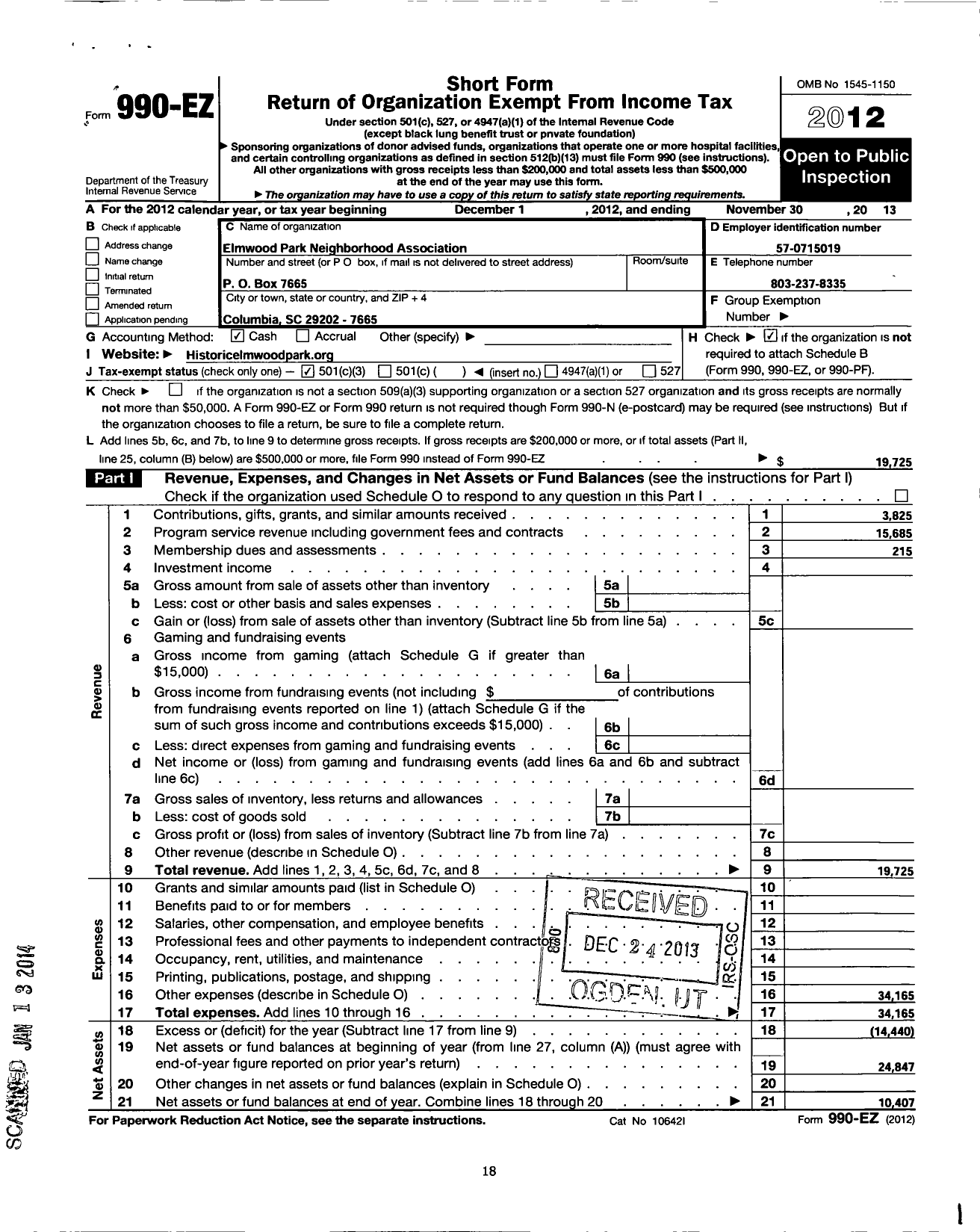 Image of first page of 2012 Form 990EZ for Elmwood Park Neighborhood Association