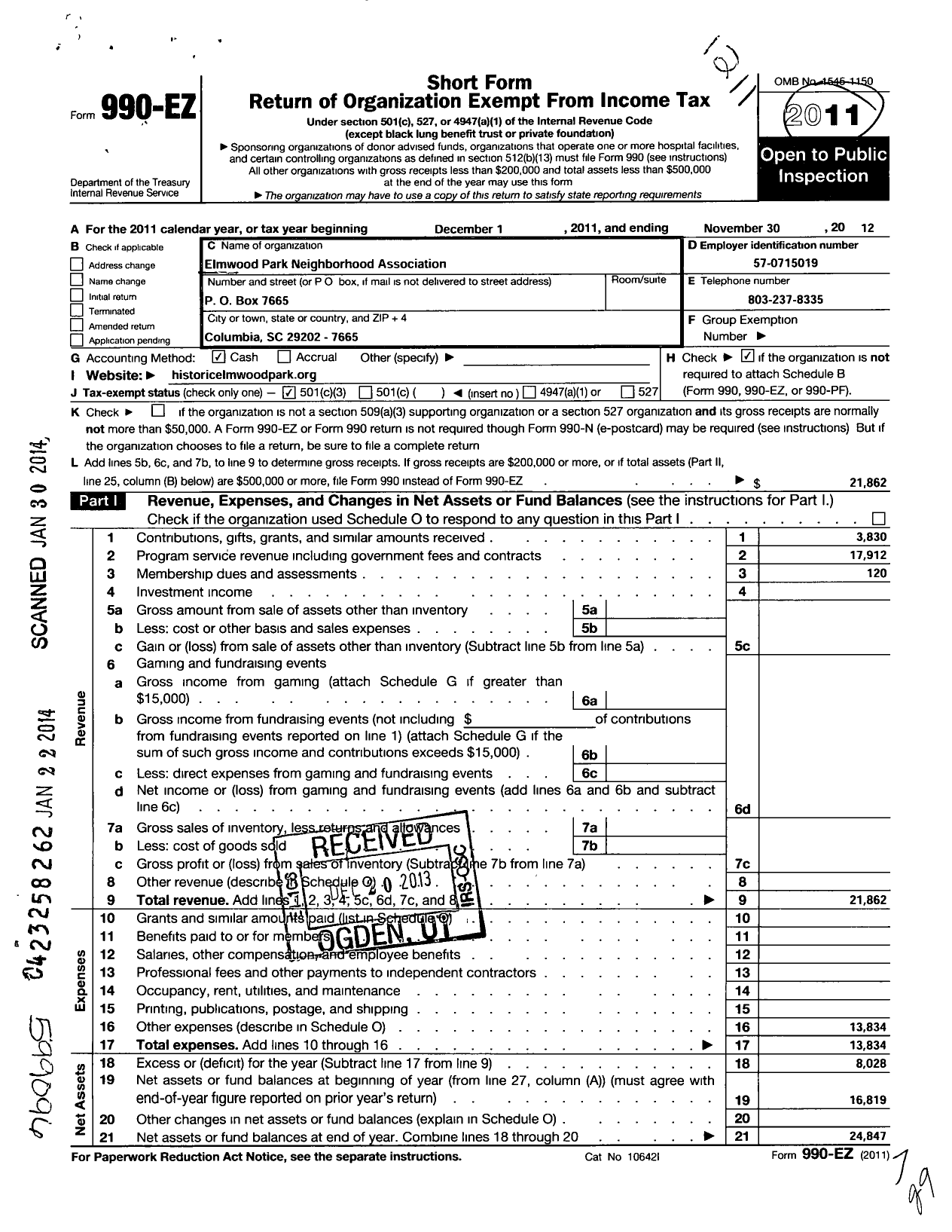 Image of first page of 2011 Form 990EZ for Elmwood Park Neighborhood Association