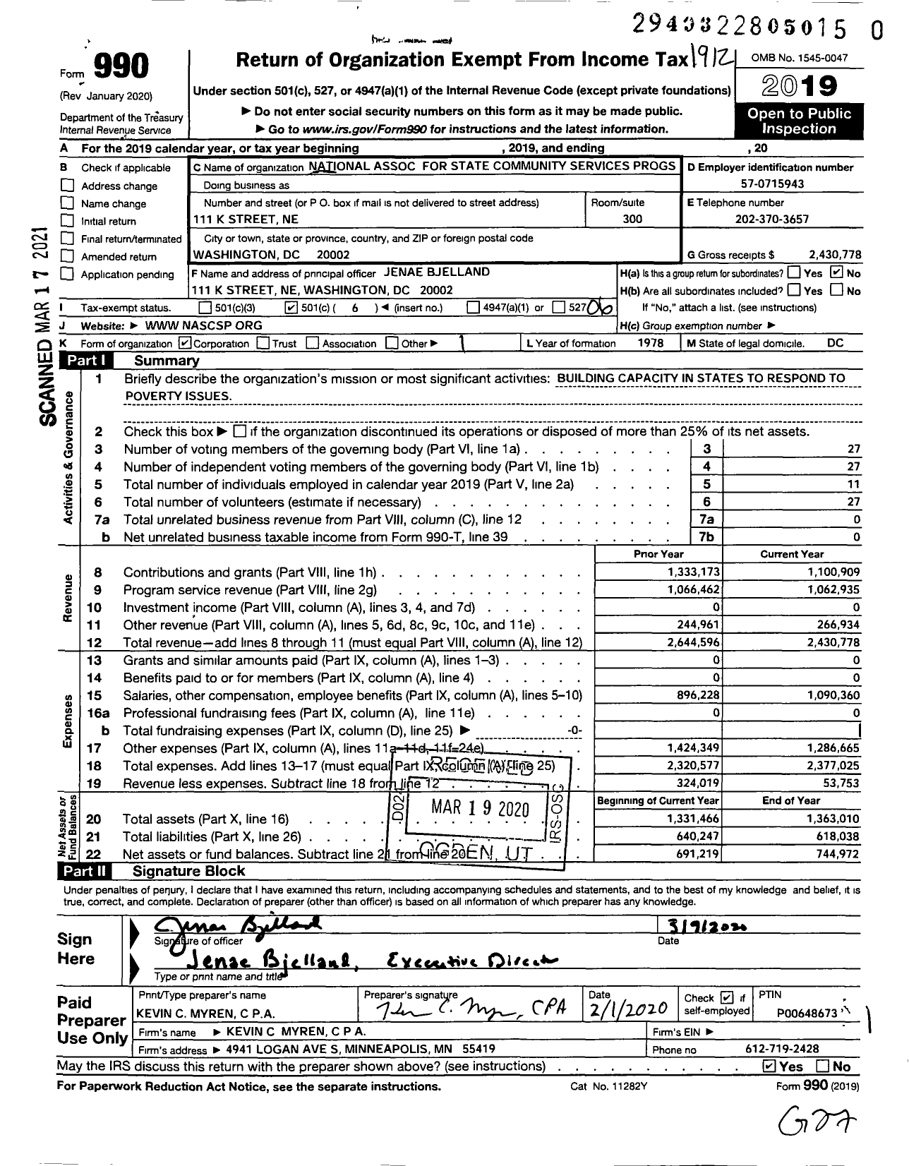 Image of first page of 2019 Form 990O for National Association for State Community Services Programs (NASCSP)